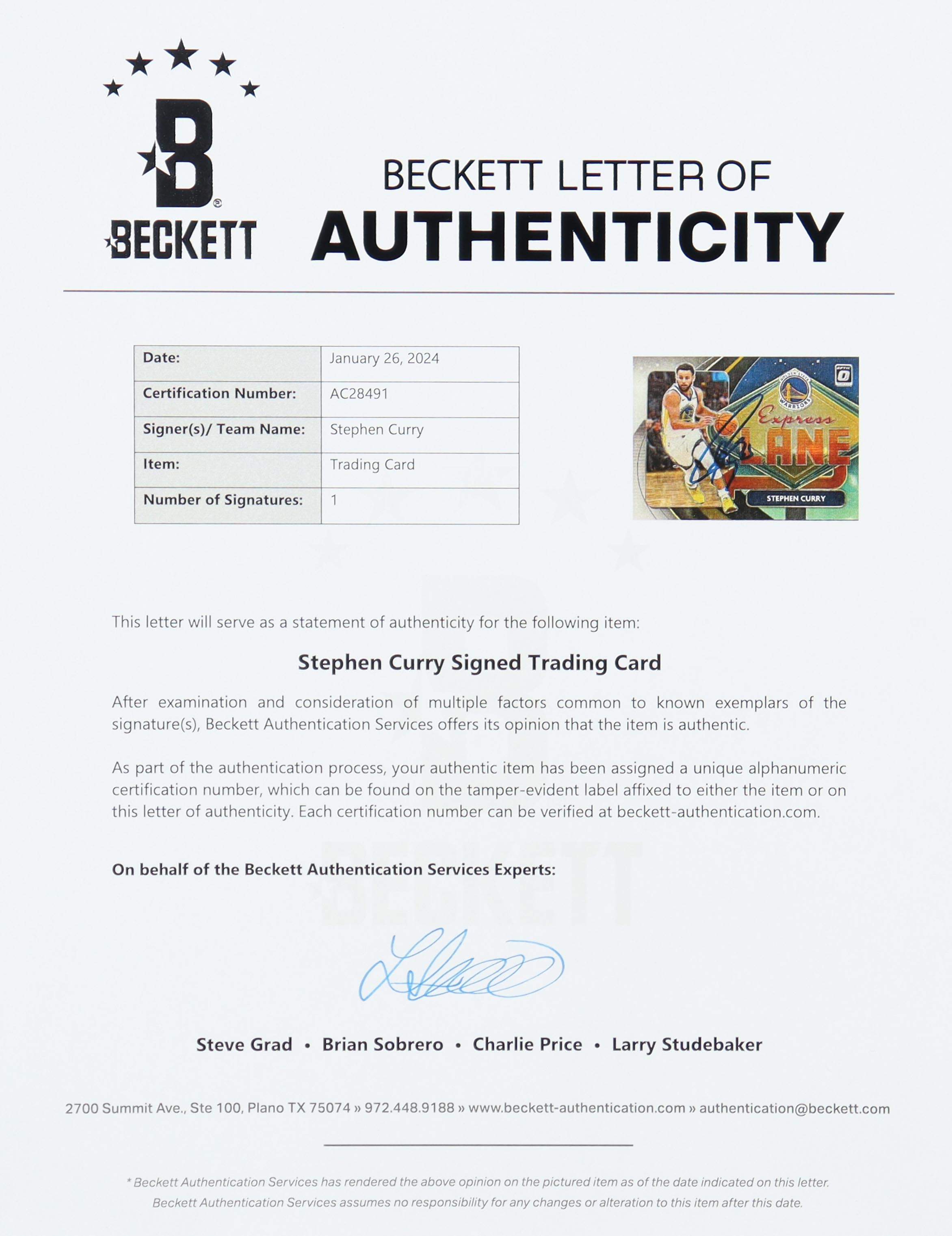 Stephen Curry Signed 2020-21 Donruss Optic Express Lane #3 (Beckett & Curry) at PristineAuction.com Stephen Curry Signed 2020-21 Donruss Optic Express Lane #3 (Beckett & Curry) at PristineAuction.com