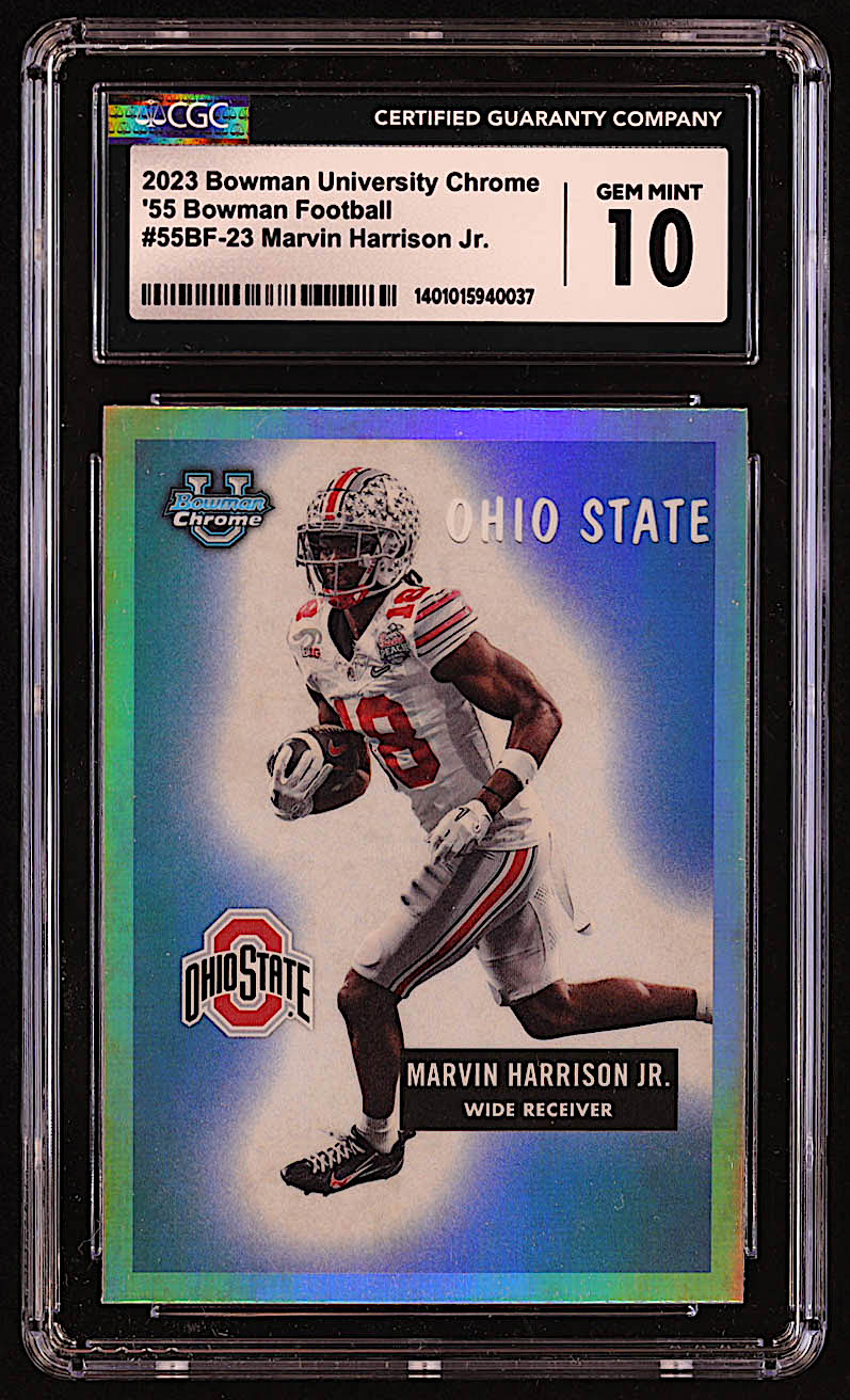 Marvin Harrison Jr. 2023 Bowman Chrome University '55 Bowman #55BF23 RC (CGC 10) at PristineAuction.com Marvin Harrison Jr. 2023 Bowman Chrome University '55 Bowman #55BF23 RC (CGC 10) at PristineAuction.com