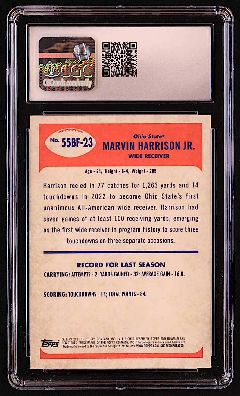 Marvin Harrison Jr. 2023 Bowman Chrome University '55 Bowman #55BF23 RC (CGC 10) at PristineAuction.com Marvin Harrison Jr. 2023 Bowman Chrome University '55 Bowman #55BF23 RC (CGC 10) at PristineAuction.com