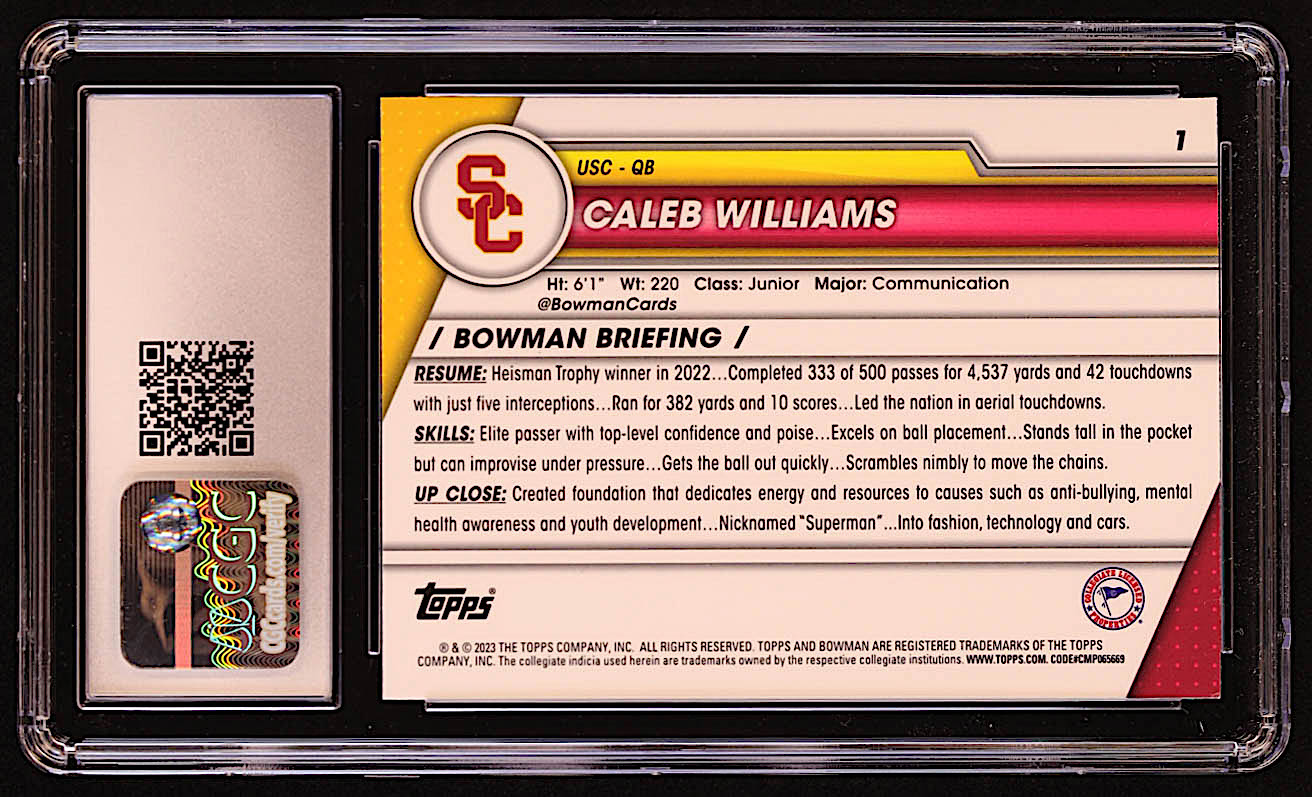 Caleb Williams 2023 Bowman Chrome University #1 RC (CGC 9.5) at PristineAuction.com Caleb Williams 2023 Bowman Chrome University #1 RC (CGC 9.5) at PristineAuction.com
