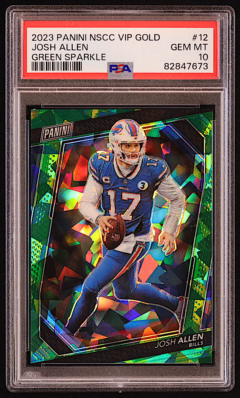Josh Allen 2023 Panini National Convention VIP Gold Packs Green Sparkle #12 #49/99 (PSA 10) at PristineAuction.com Josh Allen 2023 Panini National Convention VIP Gold Packs Green Sparkle #12 #49/99 (PSA 10) at PristineAuction.com
