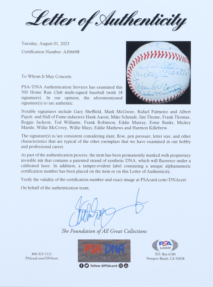 500 Home Run Club ONL Baseball Signed By (18) with Mickey Mantle, Ted Williams, Hank Aaron, Willie Mays, Mark McGwire, Jim Thome (Beckett & PSA) at PristineAuction.com 500 Home Run Club ONL Baseball Signed By (18) with Mickey Mantle, Ted Williams, Hank Aaron, Willie Mays, Mark McGwire, Jim Thome (Beckett & PSA) at PristineAuction.com