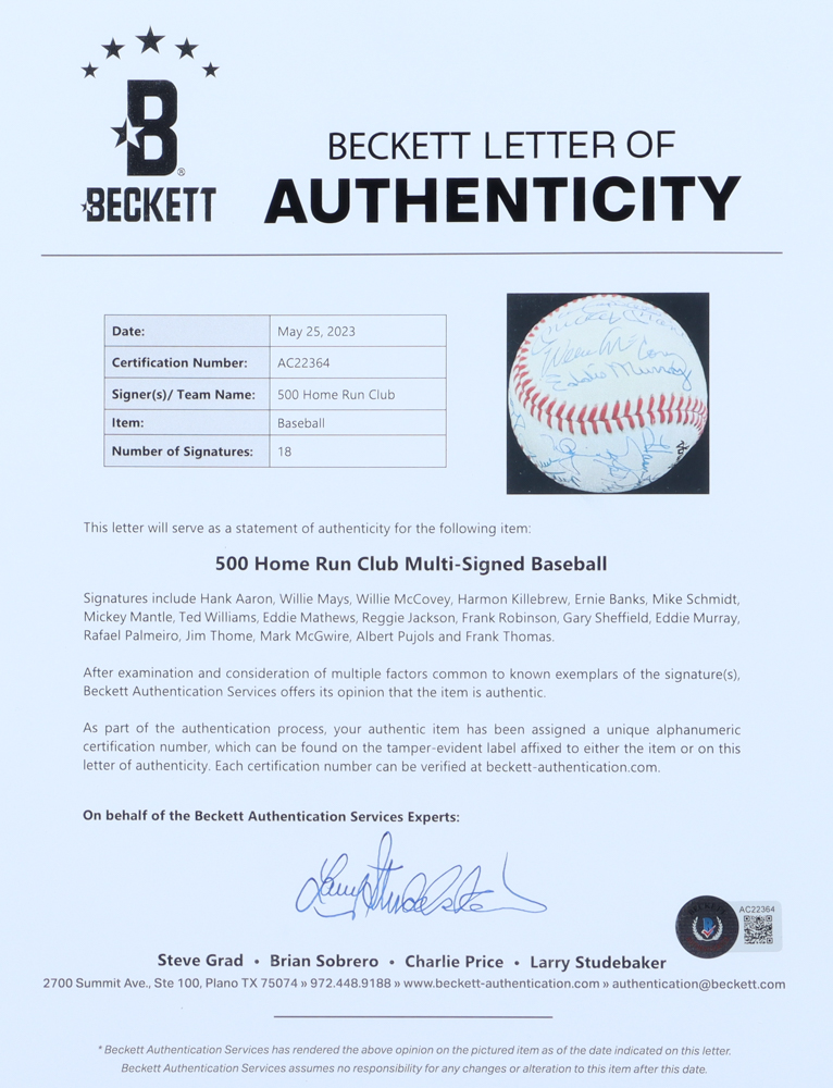 500 Home Run Club ONL Baseball Signed By (18) with Mickey Mantle, Ted Williams, Hank Aaron, Willie Mays, Mark McGwire, Jim Thome (Beckett & PSA) at PristineAuction.com 500 Home Run Club ONL Baseball Signed By (18) with Mickey Mantle, Ted Williams, Hank Aaron, Willie Mays, Mark McGwire, Jim Thome (Beckett & PSA) at PristineAuction.com
