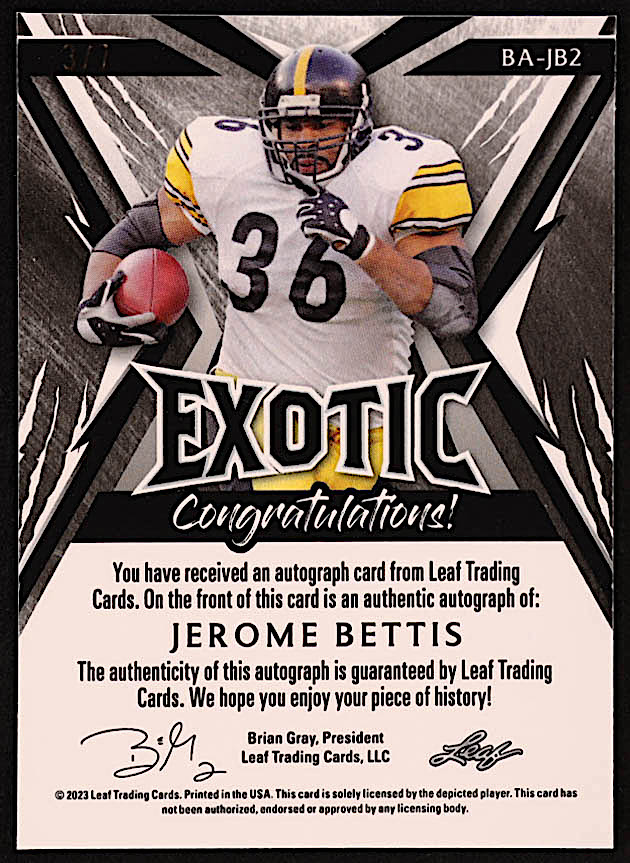 Jerome Bettis 2023 Leaf Exotic Prismatic Alligator #BAJB2 #3/7 at PristineAuction.com Jerome Bettis 2023 Leaf Exotic Prismatic Alligator #BAJB2 #3/7 at PristineAuction.com