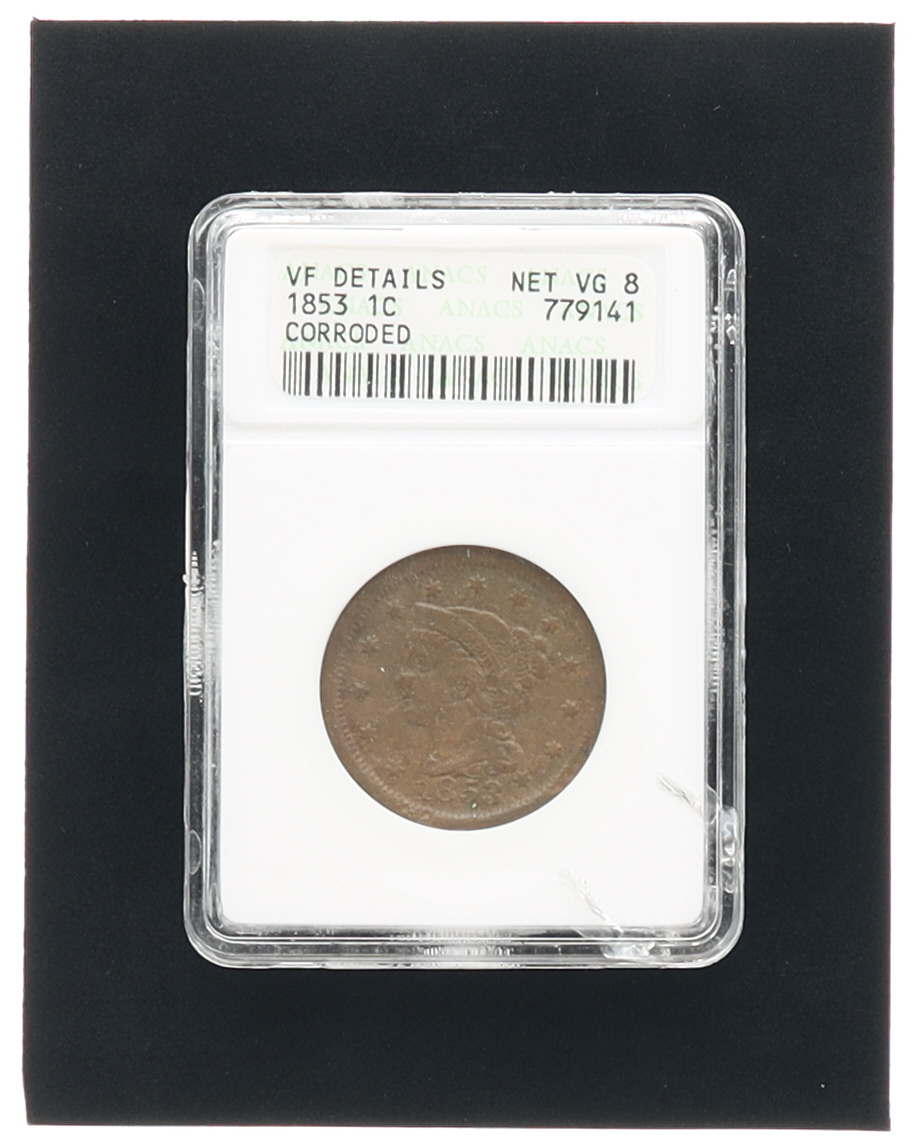 1853 Braided Hair Liberty Head Large Cent (ANACS VG8 VF Details) (See Description) at PristineAuction.com 1853 Braided Hair Liberty Head Large Cent (ANACS VG8 VF Details) (See Description) at PristineAuction.com