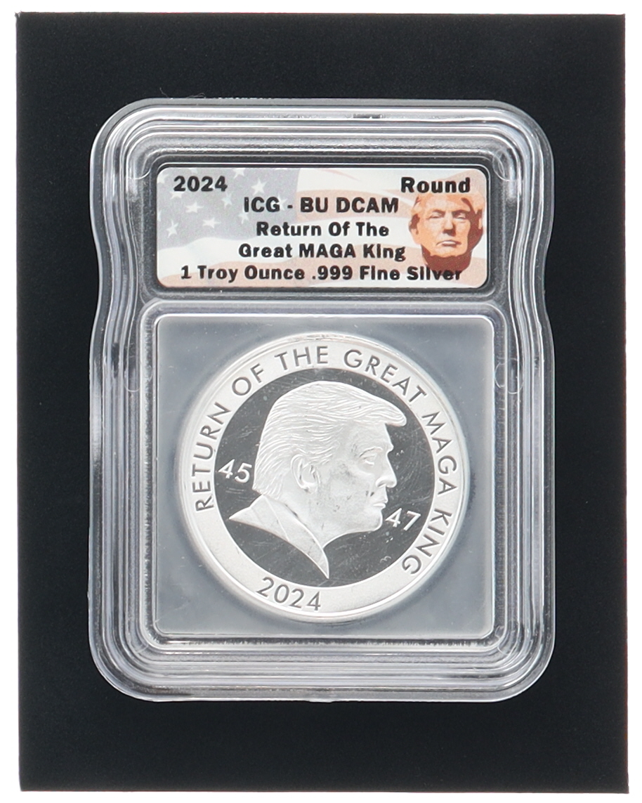 2024 Donald Trump "Return of the Great MAGA King" 1oz .999 Fine Silver Bullion Round (ICG BU DCAM) at PristineAuction.com 2024 Donald Trump "Return of the Great MAGA King" 1oz .999 Fine Silver Bullion Round (ICG BU DCAM) at PristineAuction.com