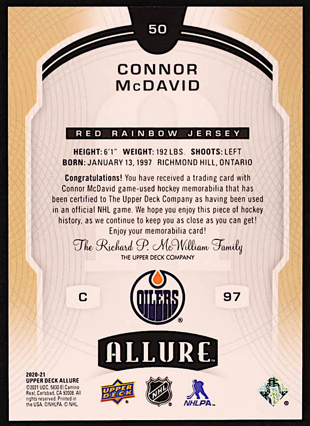 Connor McDavid 2020-21 Upper Deck Allure Jerseys Red Rainbow #50 at PristineAuction.com Connor McDavid 2020-21 Upper Deck Allure Jerseys Red Rainbow #50 at PristineAuction.com