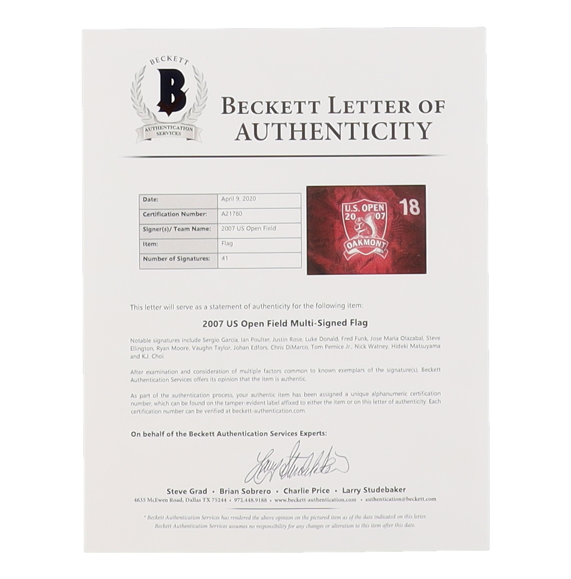 2007 U.S. Open Golf Pin Flag Signed by (41) With Sergio Garcia, Ian Poulter, Justin Rose & Luke Donald (Beckett) at PristineAuction.com 2007 U.S. Open Golf Pin Flag Signed by (41) With Sergio Garcia, Ian Poulter, Justin Rose & Luke Donald (Beckett) at PristineAuction.com