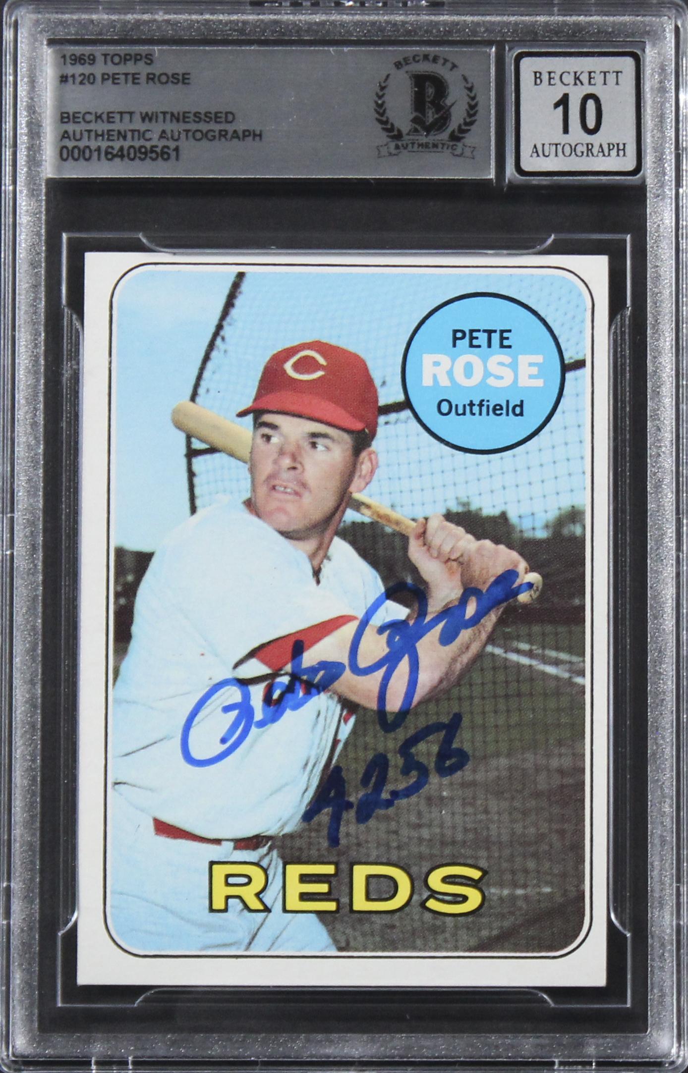 Pete Rose Signed 1969 Topps #120 Inscribed "4256" (BGS | Autograph Graded 10) at PristineAuction.com Pete Rose Signed 1969 Topps #120 Inscribed "4256" (BGS | Autograph Graded 10) at PristineAuction.com