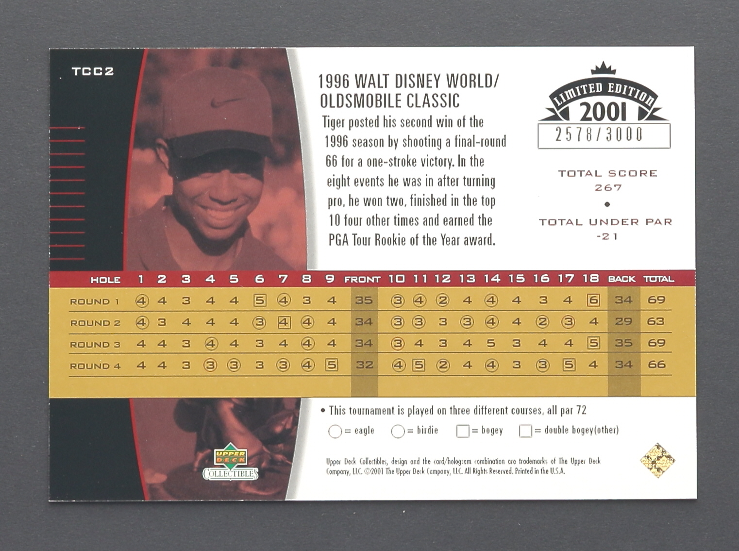 Tiger Woods 2001 Upper Deck Tiger's Championship Collection #TCC2 / 96 Disney/Olds #2578/3000 at PristineAuction.com Tiger Woods 2001 Upper Deck Tiger's Championship Collection #TCC2 / 96 Disney/Olds #2578/3000 at PristineAuction.com