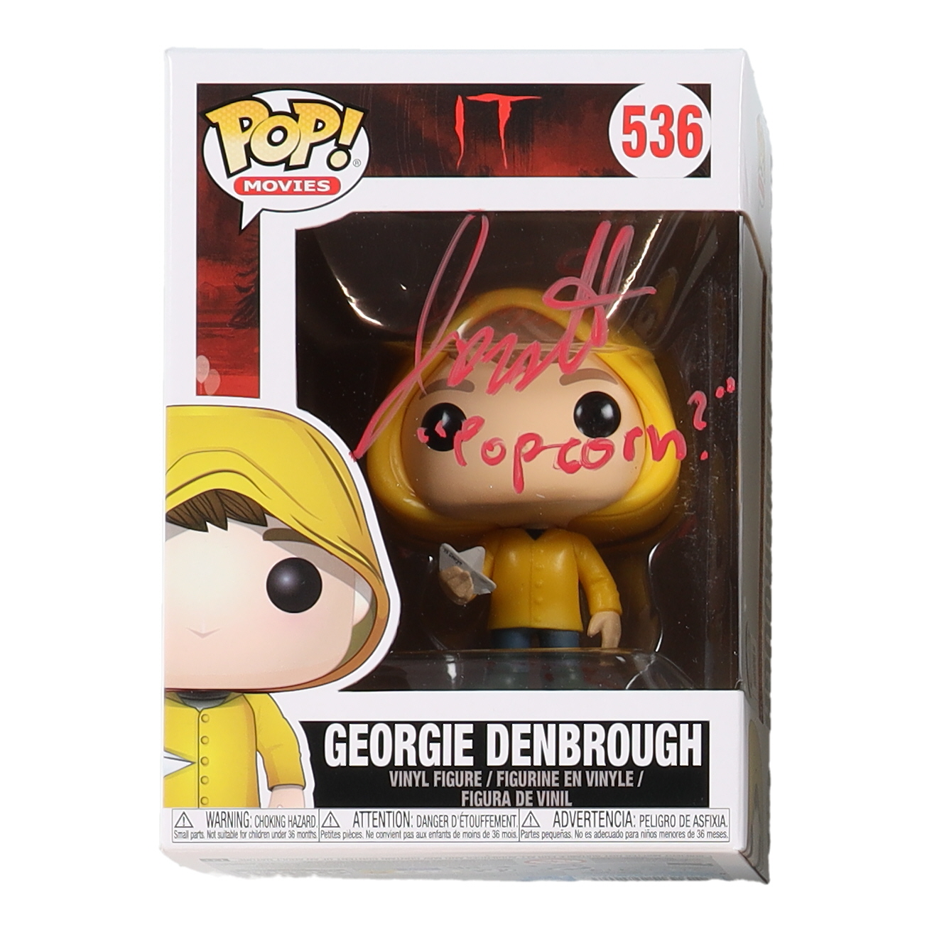 Jackson Robert Scott Signed "IT" Georgie Denbrough #536 Funko Pop! Vinyl Figure Inscribed "Popcorn?" (Beckett) at PristineAuction.com Jackson Robert Scott Signed "IT" Georgie Denbrough #536 Funko Pop! Vinyl Figure Inscribed "Popcorn?" (Beckett) at PristineAuction.com