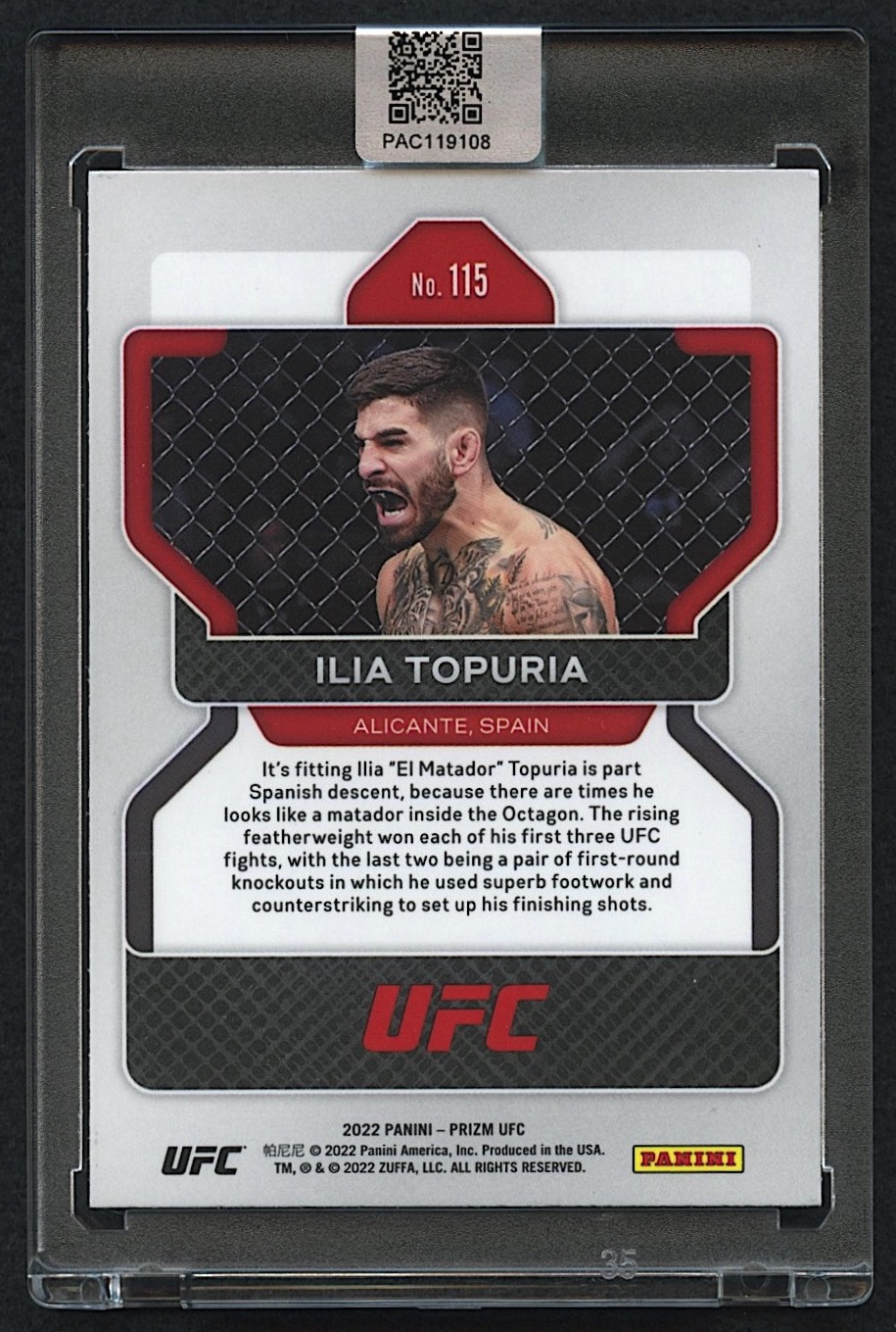 Ilia Topuria Signed 2022 Panini Prizm UFC #115 RC (PA Encapsulated) at PristineAuction.com Ilia Topuria Signed 2022 Panini Prizm UFC #115 RC (PA Encapsulated) at PristineAuction.com
