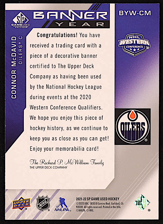 Connor McDavid 2021-22 SP Game Used '21 Western Conference Banner Year Relics #BYWCM at PristineAuction.com Connor McDavid 2021-22 SP Game Used '21 Western Conference Banner Year Relics #BYWCM at PristineAuction.com