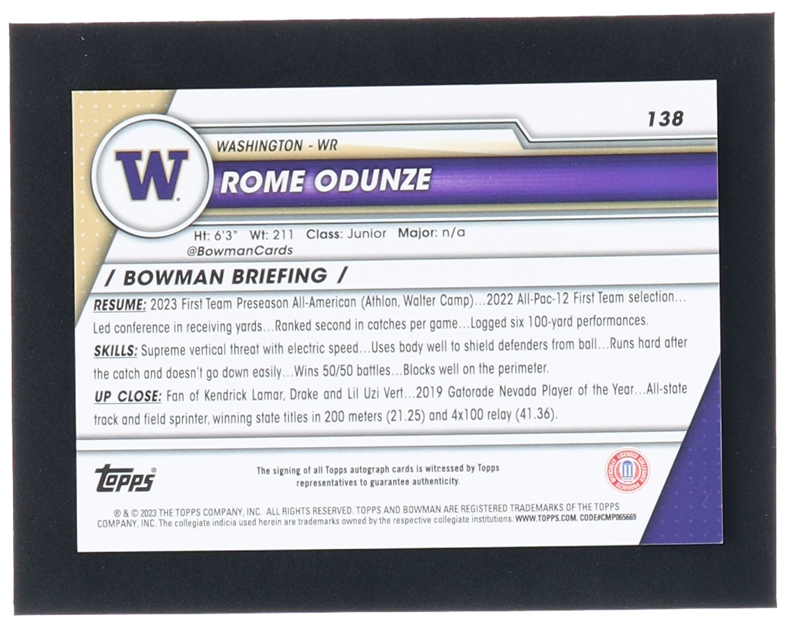 Rome Odunze 2023 Bowman Chrome University Autographs #138 RC at PristineAuction.com Rome Odunze 2023 Bowman Chrome University Autographs #138 RC at PristineAuction.com
