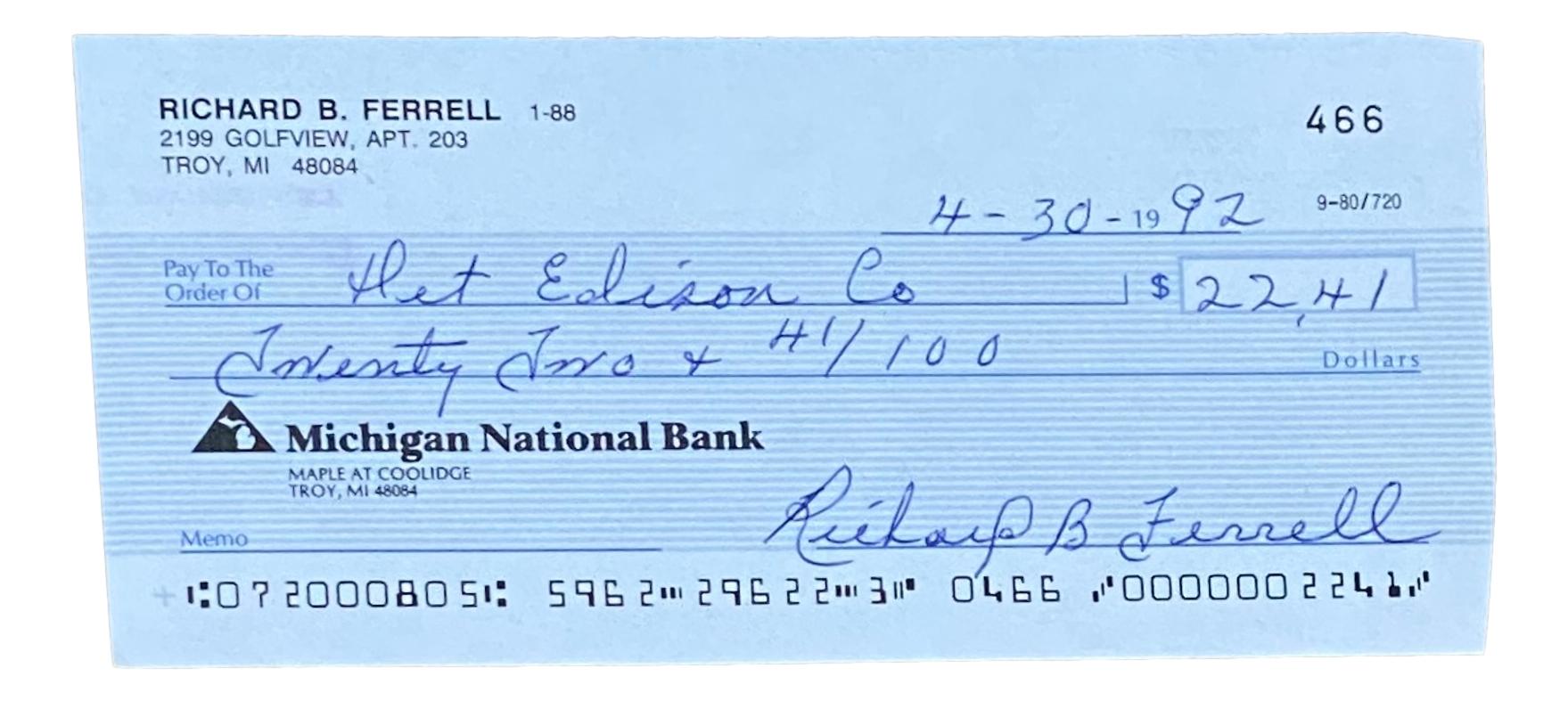 Rick Ferrell Signed Personal Bank Check (Beckett) at PristineAuction.com Rick Ferrell Signed Personal Bank Check (Beckett) at PristineAuction.com