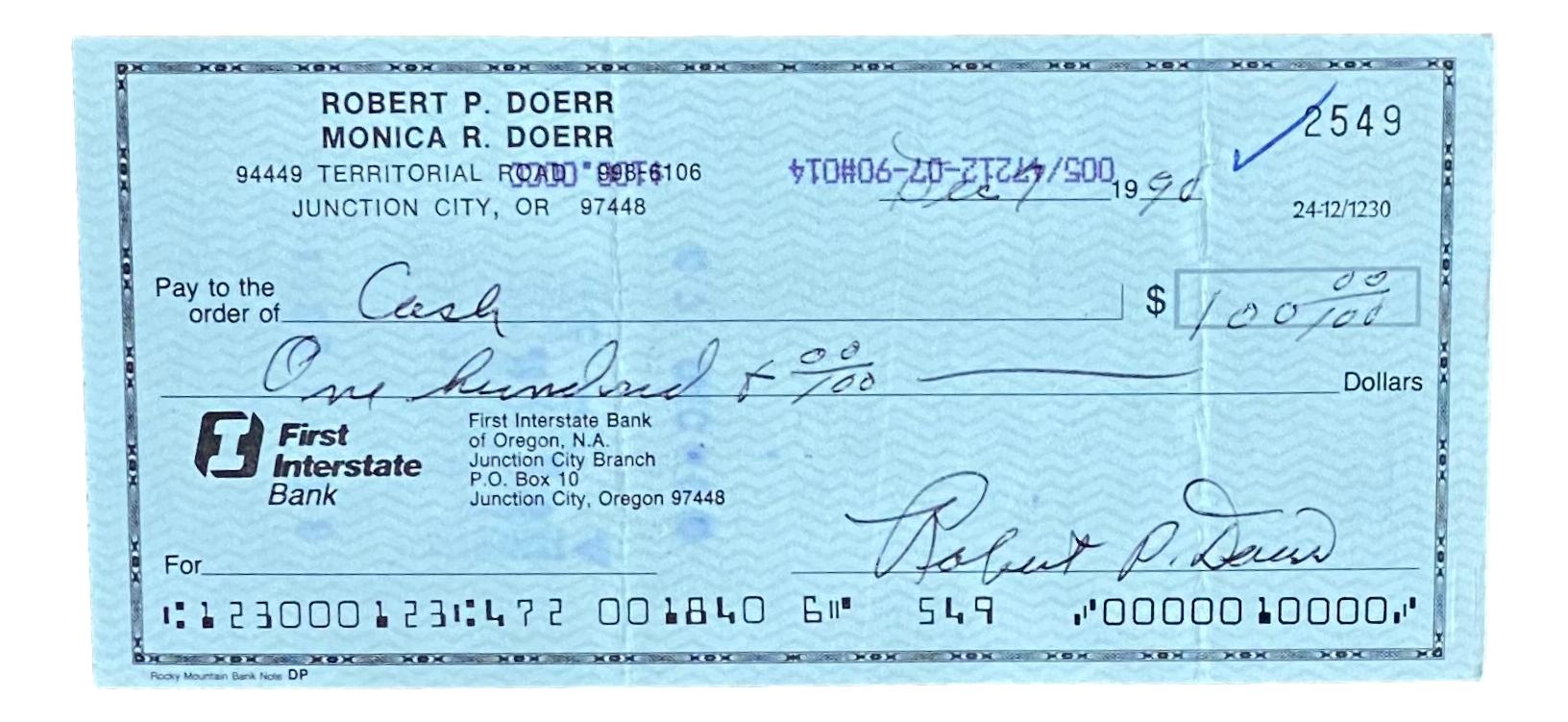Bobby Doerr Signed Personal Bank Check (Beckett) at PristineAuction.com Bobby Doerr Signed Personal Bank Check (Beckett) at PristineAuction.com