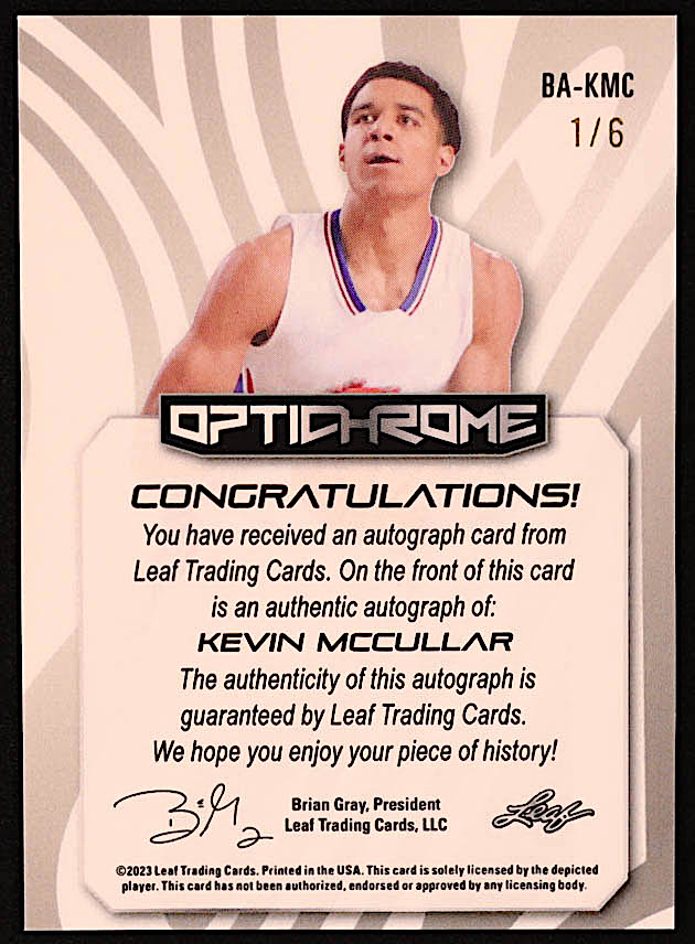 Kevin McCullar 2023 Leaf Optichrome Autographs Prismatic Green #BAKMC RC #1/6 at PristineAuction.com Kevin McCullar 2023 Leaf Optichrome Autographs Prismatic Green #BAKMC RC #1/6 at PristineAuction.com