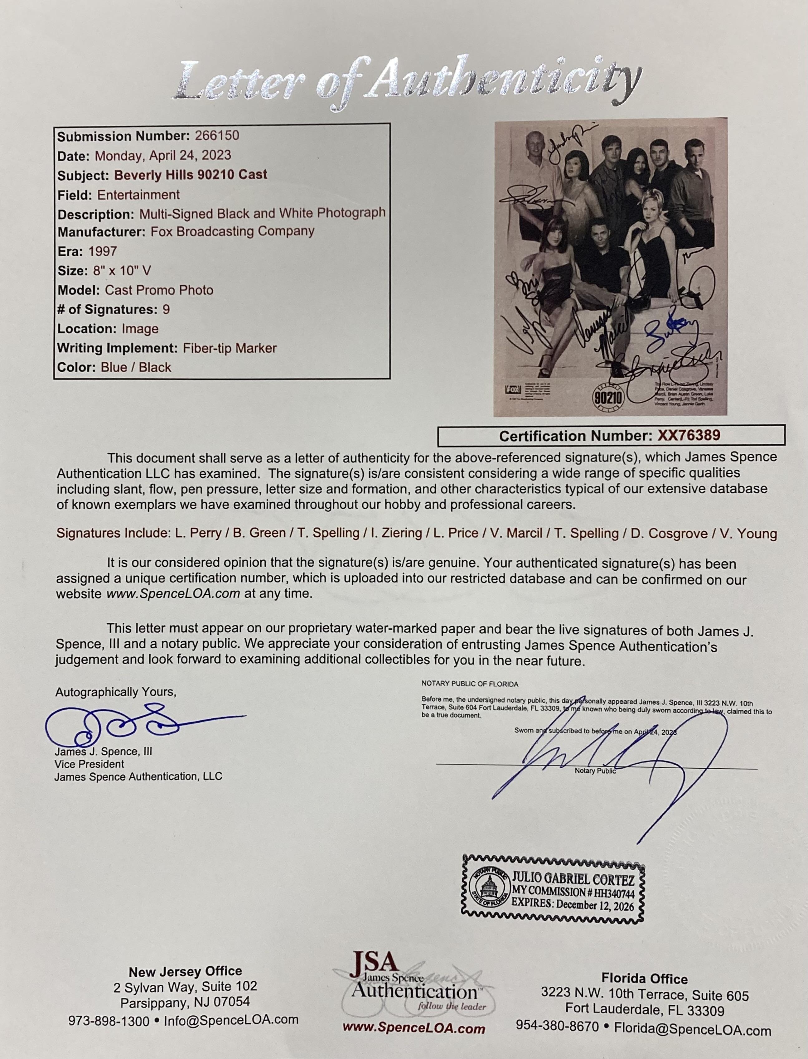 "Beverly Hills 90210" Custom Framed Photo Cast-Signed By (9) with Luke Perry, Brian Austin Green, Tori Spelling (JSA) at PristineAuction.com "Beverly Hills 90210" Custom Framed Photo Cast-Signed By (9) with Luke Perry, Brian Austin Green, Tori Spelling (JSA) at PristineAuction.com