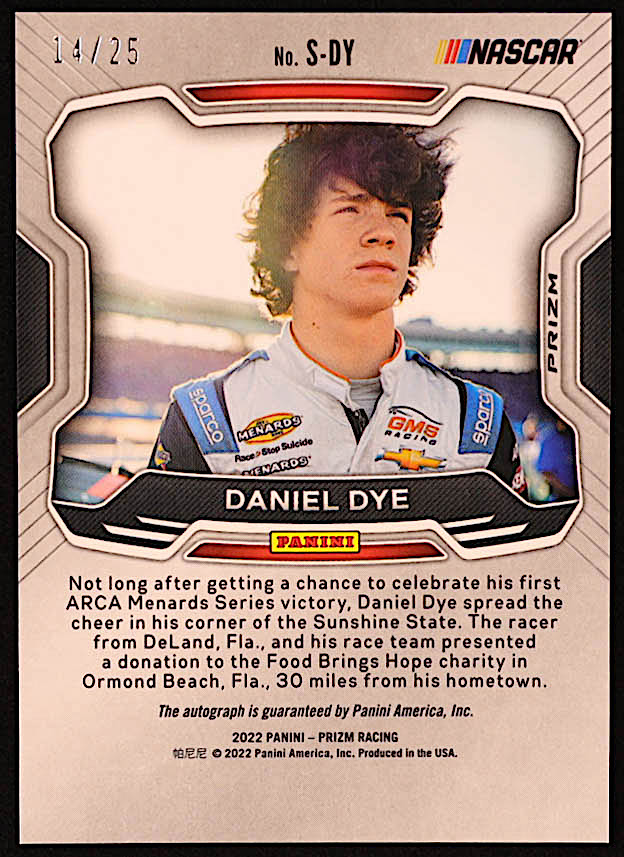 Daniel Dye 2022 Panini Prizm Sensational Signatures Prizms Checkered Flag #16 #14/25 at PristineAuction.com Daniel Dye 2022 Panini Prizm Sensational Signatures Prizms Checkered Flag #16 #14/25 at PristineAuction.com