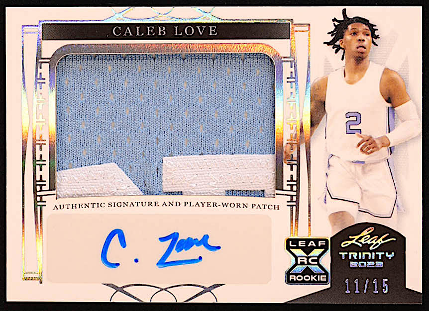 Caleb Love 2023 Leaf Trinity Patch Autographs Holo #PACL1 RC #11/15 at PristineAuction.com Caleb Love 2023 Leaf Trinity Patch Autographs Holo #PACL1 RC #11/15 at PristineAuction.com