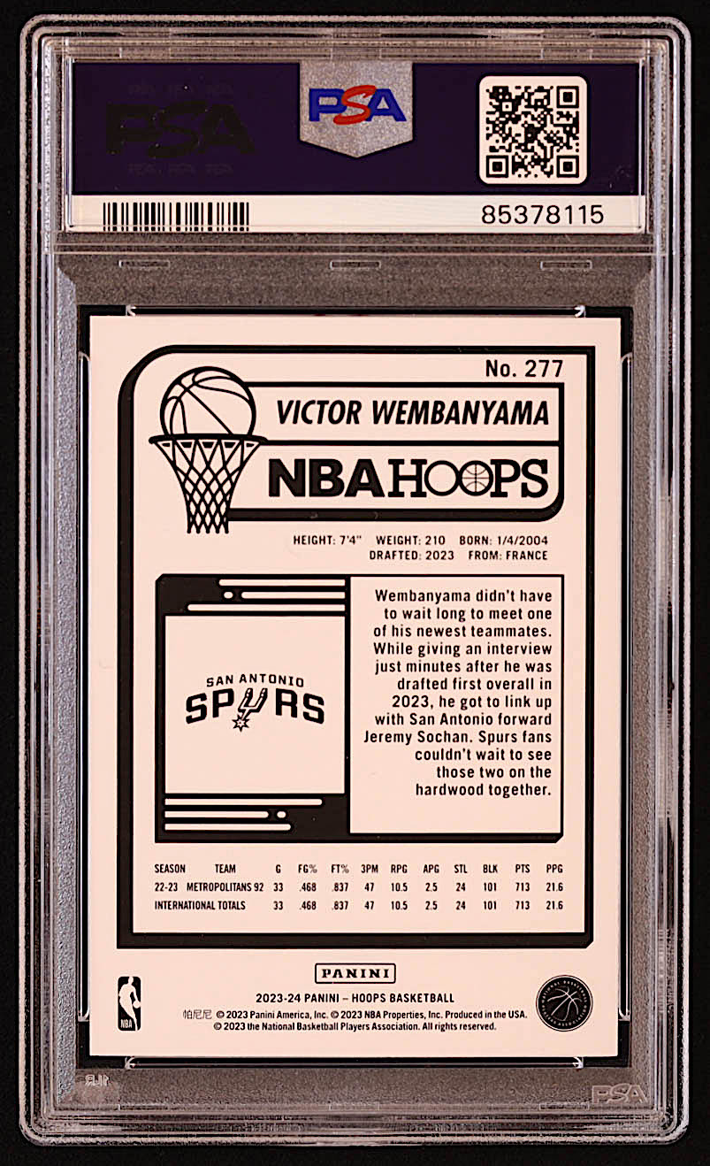Victor Wembanyama 2023-24 Hoops #277 RC (PSA 10) at PristineAuction.com Victor Wembanyama 2023-24 Hoops #277 RC (PSA 10) at PristineAuction.com