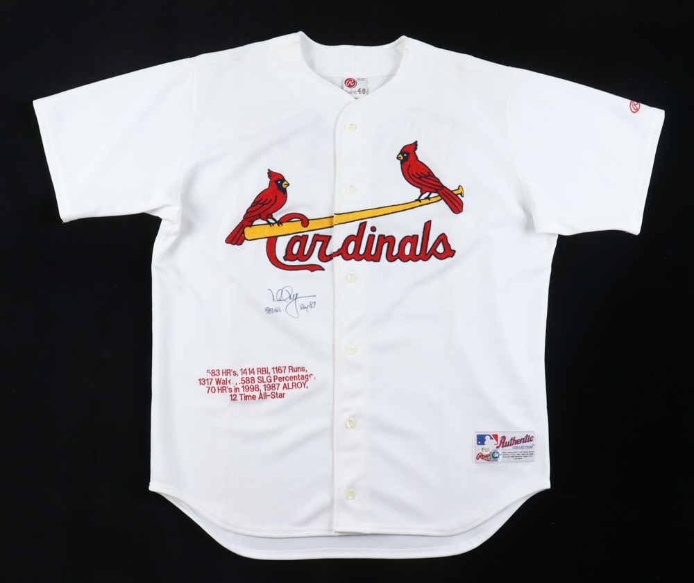 Mark McGwire Signed Cardinals Career Highlights Stat Jersey Inscribed "583 Hr's" & "ROY 87" (Steiner) at PristineAuction.com Mark McGwire Signed Cardinals Career Highlights Stat Jersey Inscribed "583 Hr's" & "ROY 87" (Steiner) at PristineAuction.com