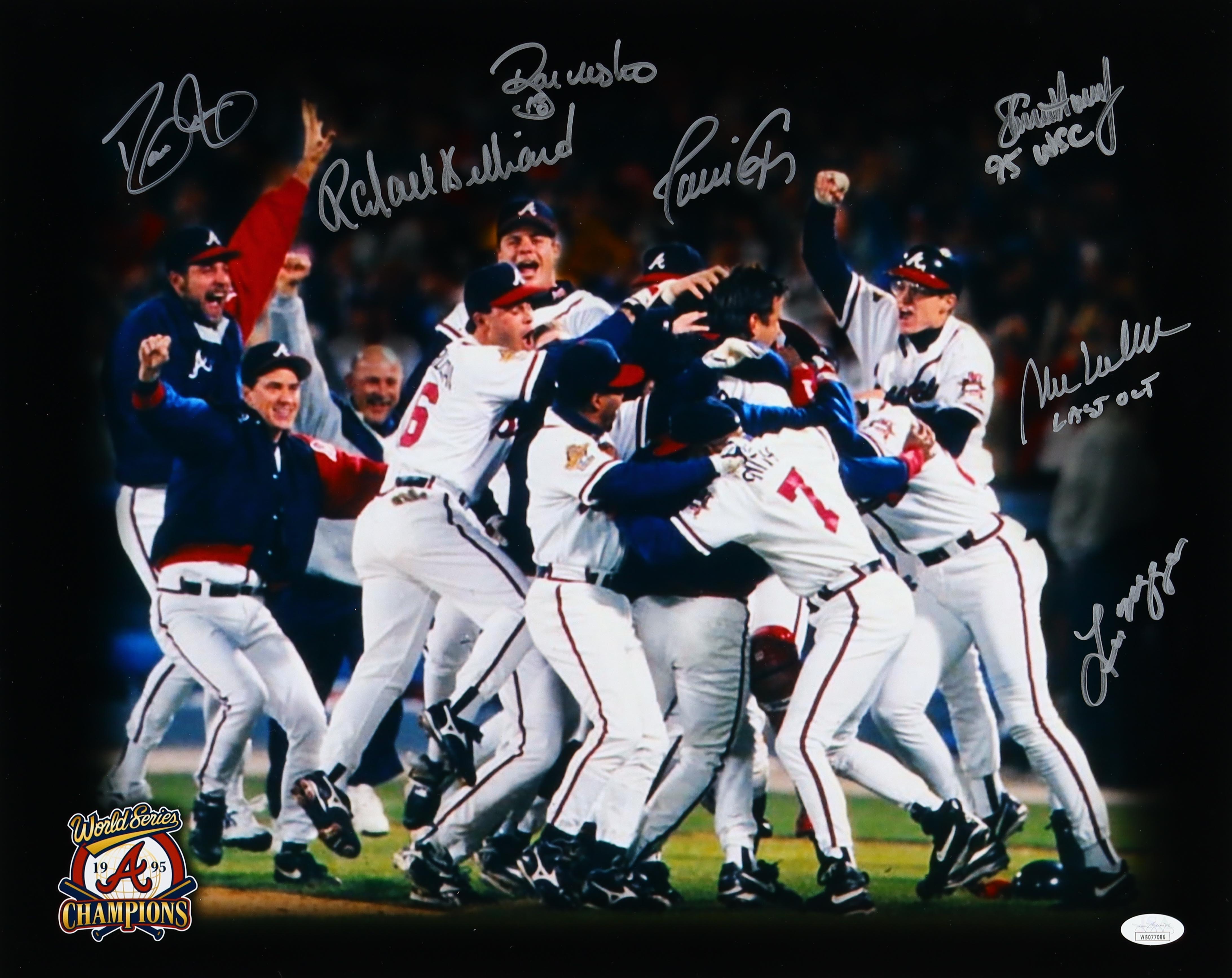 "1995 Champions" Braves 16x20 Photo Signed by (7) with Dave Justice, Rafael Belliard, Ryan Klesko Inscribed "95 WSC" & "Last Out" (JSA) at PristineAuction.com "1995 Champions" Braves 16x20 Photo Signed by (7) with Dave Justice, Rafael Belliard, Ryan Klesko Inscribed "95 WSC" & "Last Out" (JSA) at PristineAuction.com