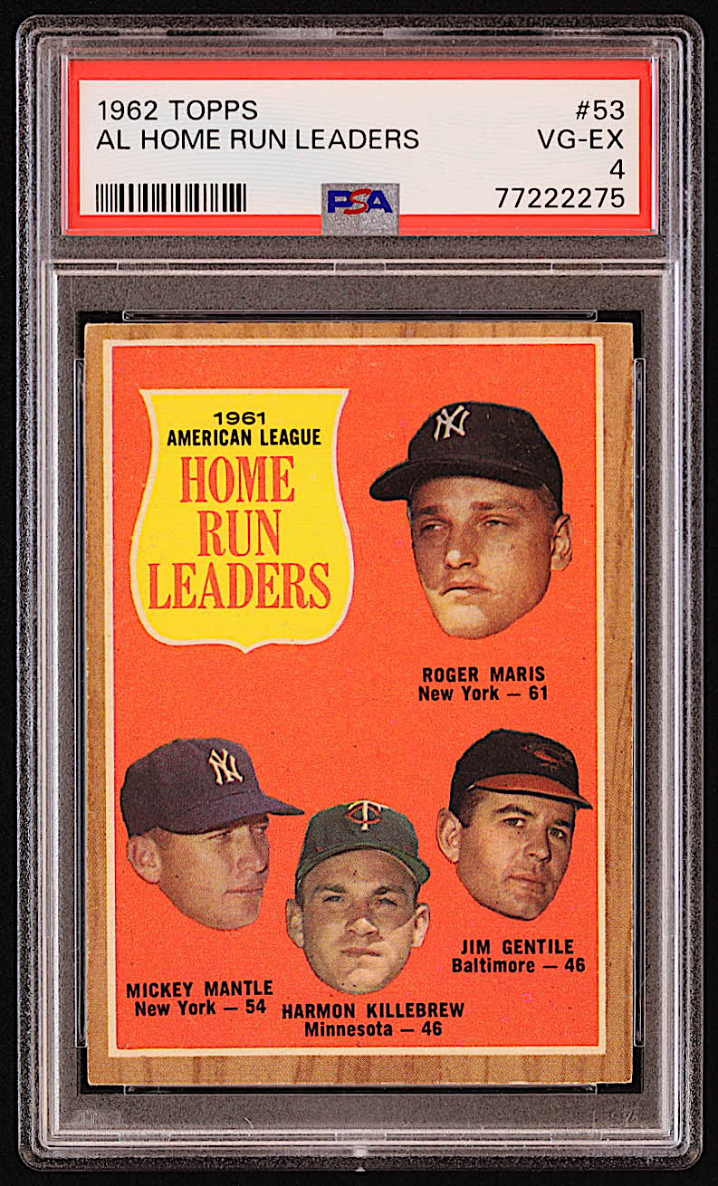 1962 Topps #53 AL Home Run Leaders / Roger Maris / Mickey Mantle / Jim Gentile / Harmon Killebrew (PSA 4) at PristineAuction.com 1962 Topps #53 AL Home Run Leaders / Roger Maris / Mickey Mantle / Jim Gentile / Harmon Killebrew (PSA 4) at PristineAuction.com