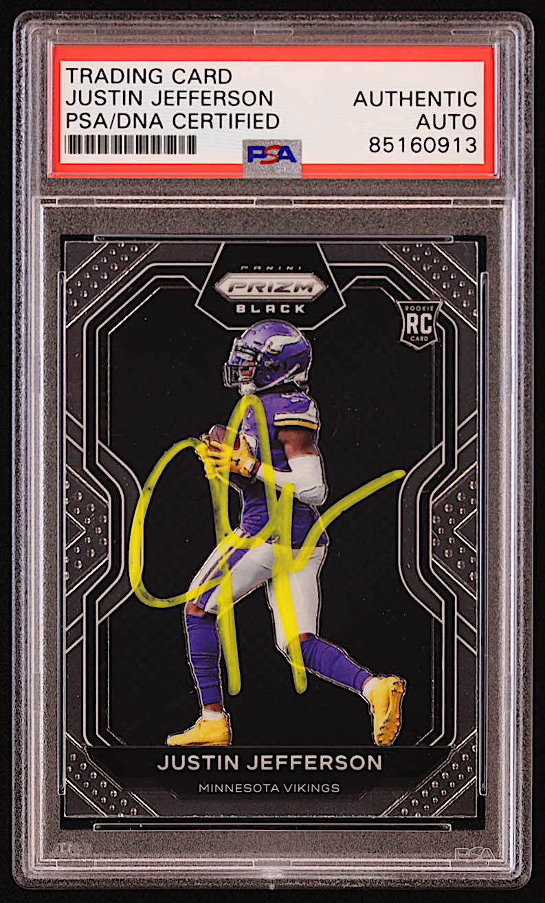 Justin Jefferson Signed 2020 Panini Prizm Black #9 RC (PSA) at PristineAuction.com Justin Jefferson Signed 2020 Panini Prizm Black #9 RC (PSA) at PristineAuction.com
