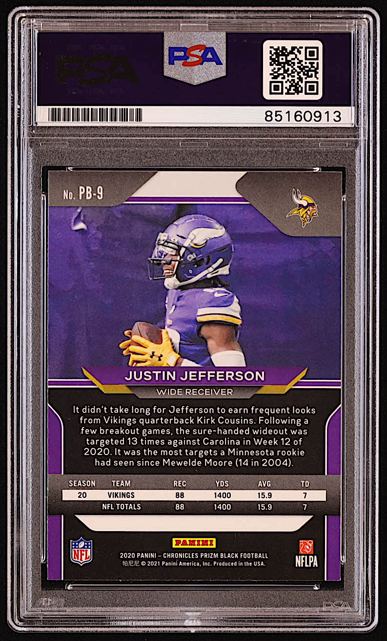 Justin Jefferson Signed 2020 Panini Prizm Black #9 RC (PSA) at PristineAuction.com Justin Jefferson Signed 2020 Panini Prizm Black #9 RC (PSA) at PristineAuction.com