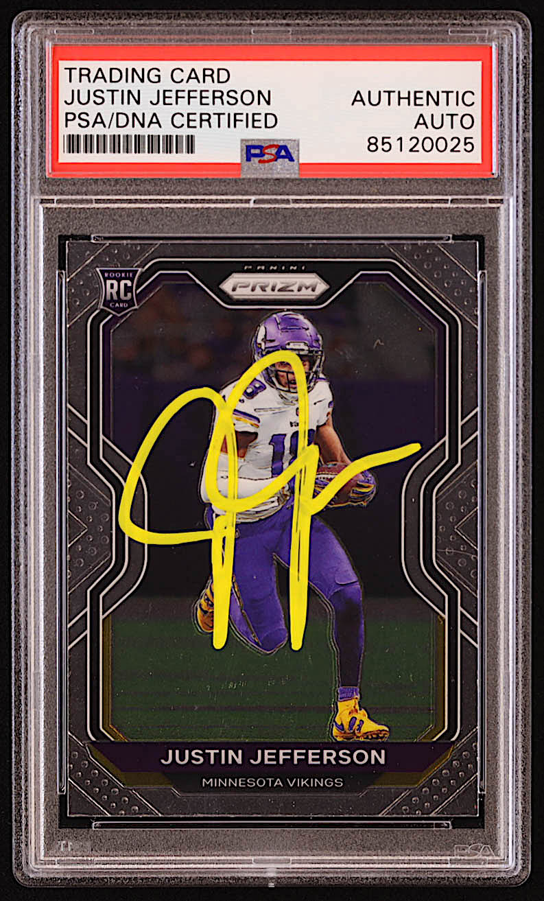Justin Jefferson Signed 2020 Panini Prizm #398A RC (PSA) at PristineAuction.com Justin Jefferson Signed 2020 Panini Prizm #398A RC (PSA) at PristineAuction.com