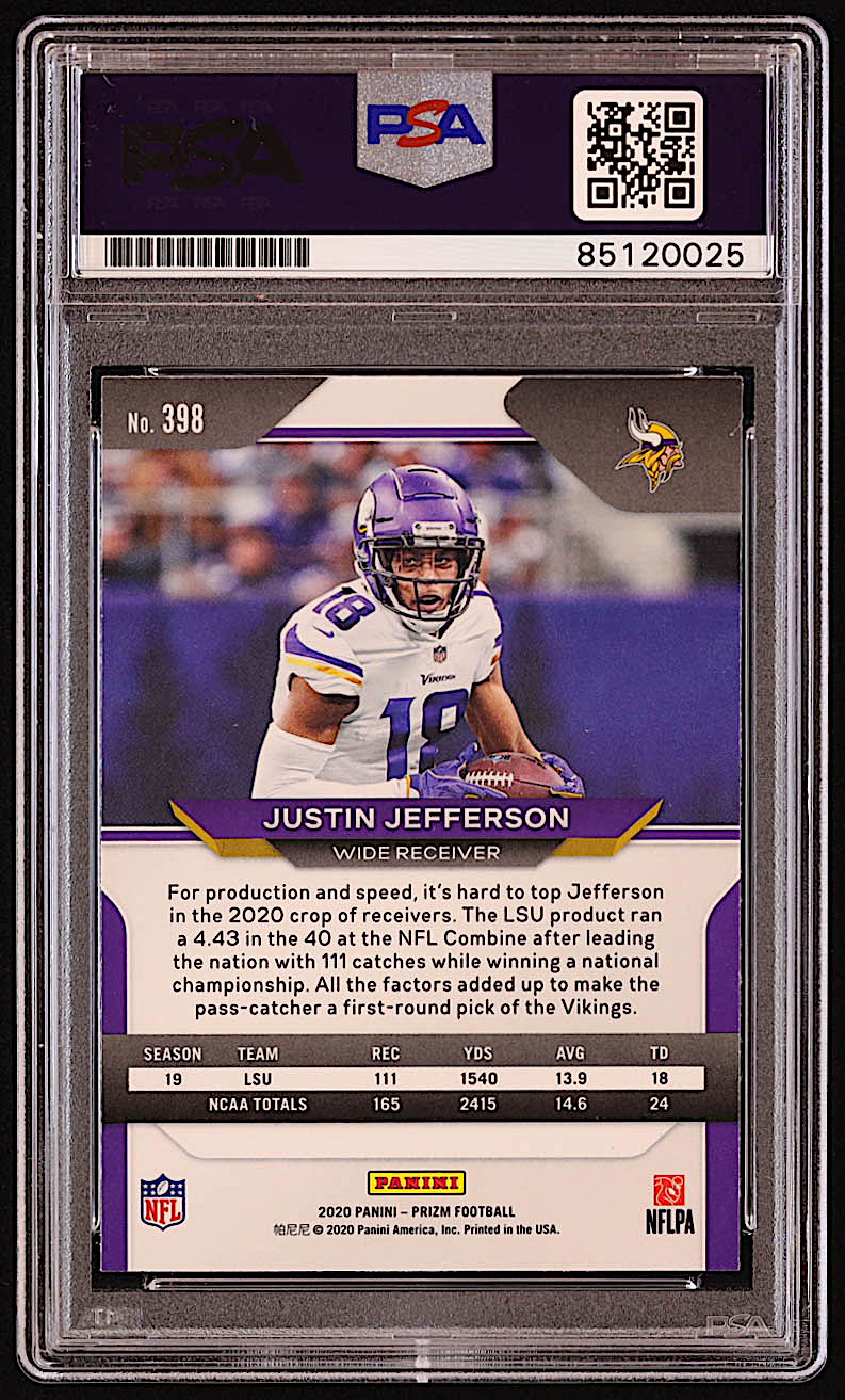 Justin Jefferson Signed 2020 Panini Prizm #398A RC (PSA) at PristineAuction.com Justin Jefferson Signed 2020 Panini Prizm #398A RC (PSA) at PristineAuction.com
