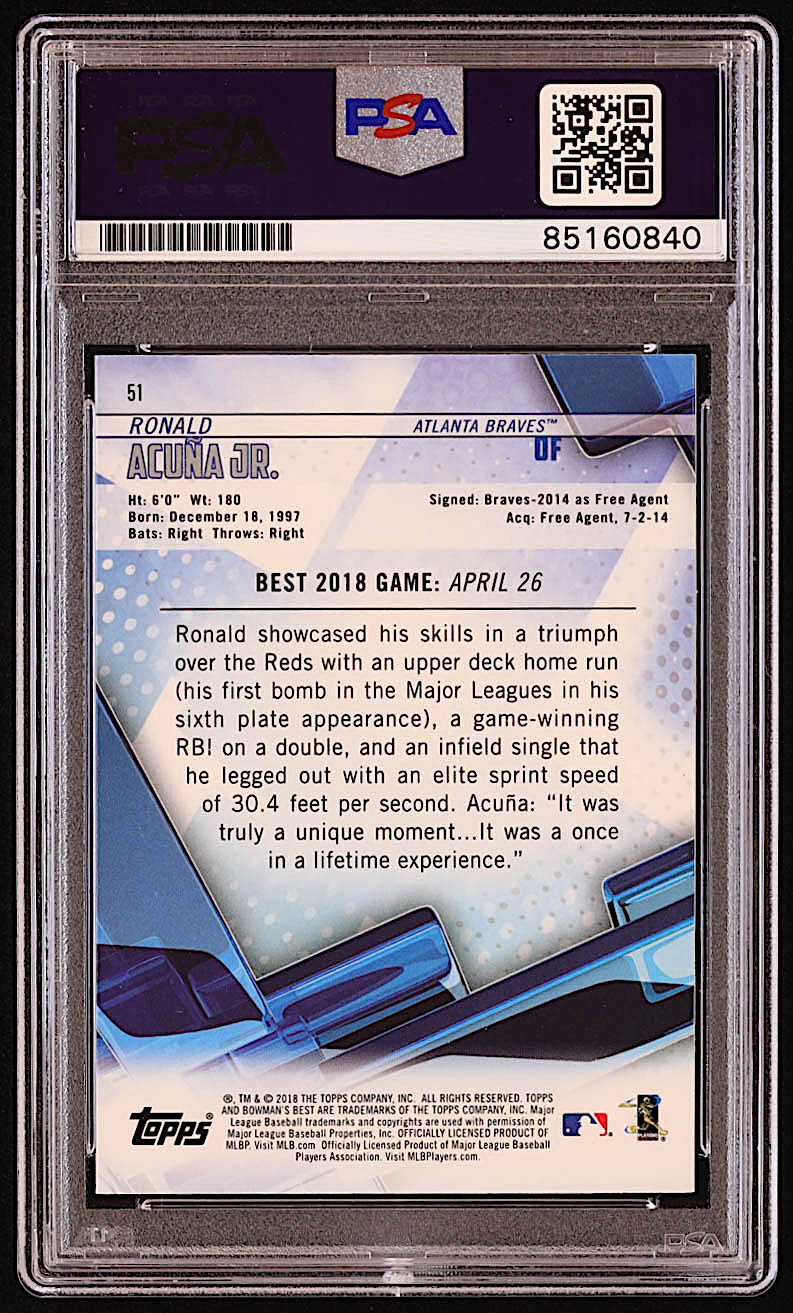Ronald Acuna Jr. Signed 2018 Bowman's Best #51 RC (PSA) at PristineAuction.com Ronald Acuna Jr. Signed 2018 Bowman's Best #51 RC (PSA) at PristineAuction.com