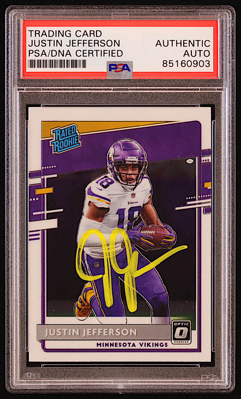 Justin Jefferson Signed 2020 Donruss Optic #163 RR RC (PSA) at PristineAuction.com Justin Jefferson Signed 2020 Donruss Optic #163 RR RC (PSA) at PristineAuction.com