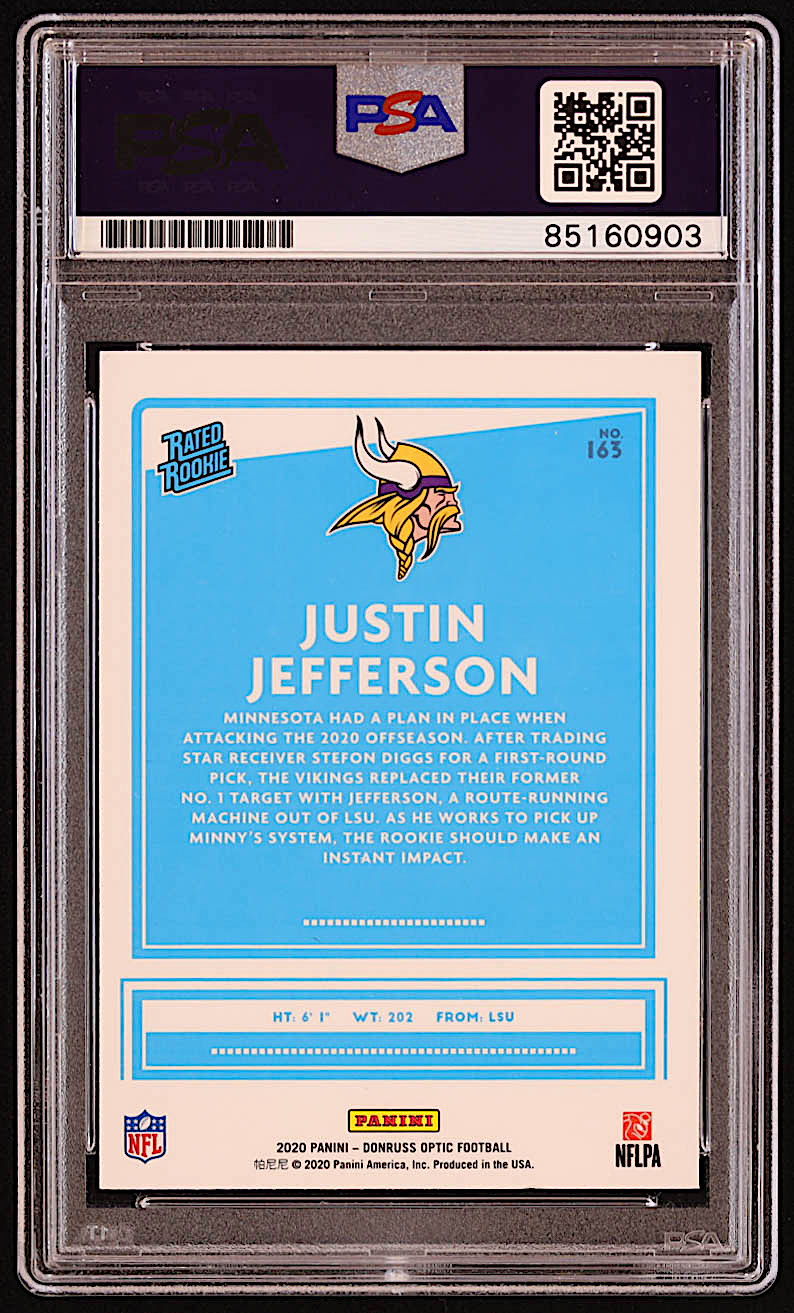 Justin Jefferson Signed 2020 Donruss Optic #163 RR RC (PSA) at PristineAuction.com Justin Jefferson Signed 2020 Donruss Optic #163 RR RC (PSA) at PristineAuction.com