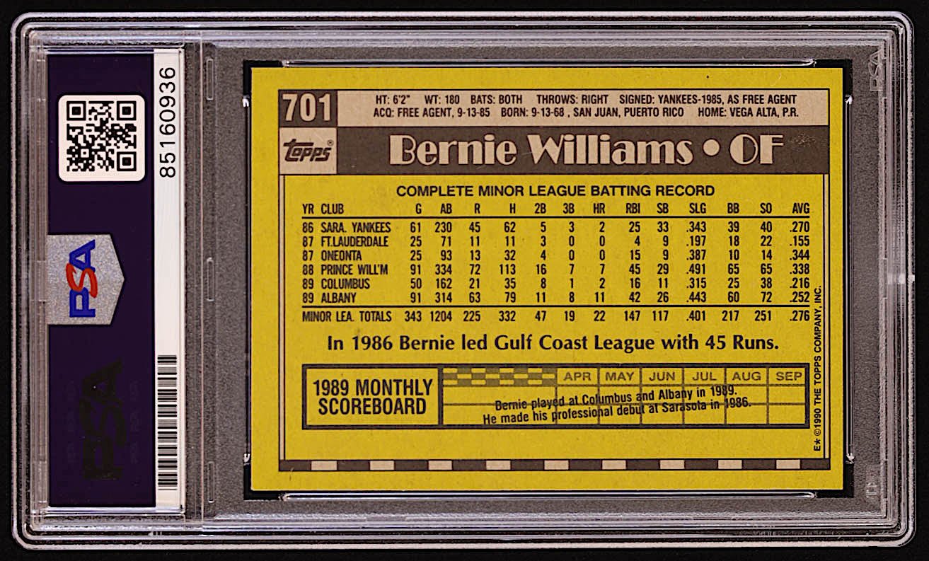 Bernie Williams Signed 1990 Topps #701 RC (PSA) at PristineAuction.com Bernie Williams Signed 1990 Topps #701 RC (PSA) at PristineAuction.com