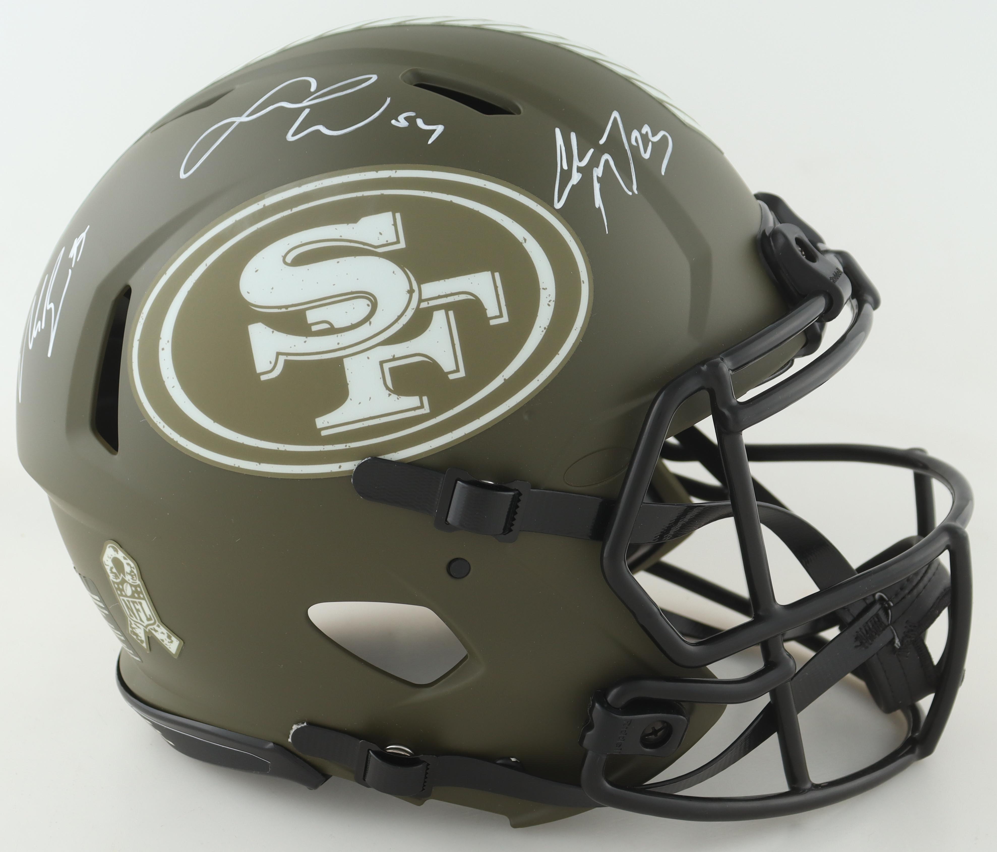 Christian McCaffrey, Nick Bosa and Fred Warner Signed San Francisco 49ers Authentic Full-Size Salute To Service Alternate Speed Helmet (Beckett) at PristineAuction.com Christian McCaffrey, Nick Bosa and Fred Warner Signed San Francisco 49ers Authentic Full-Size Salute To Service Alternate Speed Helmet (Beckett) at PristineAuction.com