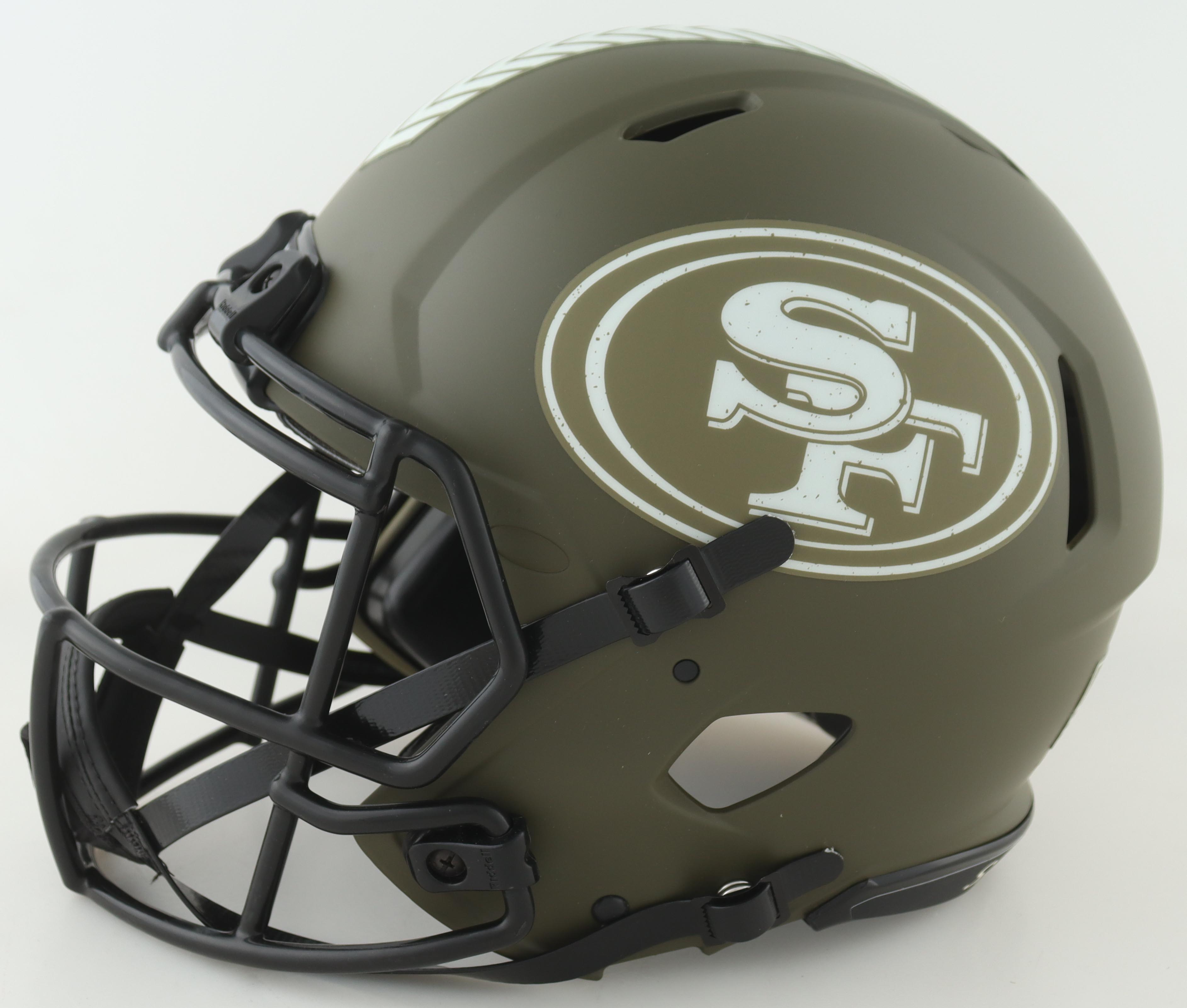 Christian McCaffrey, Nick Bosa and Fred Warner Signed San Francisco 49ers Authentic Full-Size Salute To Service Alternate Speed Helmet (Beckett) at PristineAuction.com Christian McCaffrey, Nick Bosa and Fred Warner Signed San Francisco 49ers Authentic Full-Size Salute To Service Alternate Speed Helmet (Beckett) at PristineAuction.com