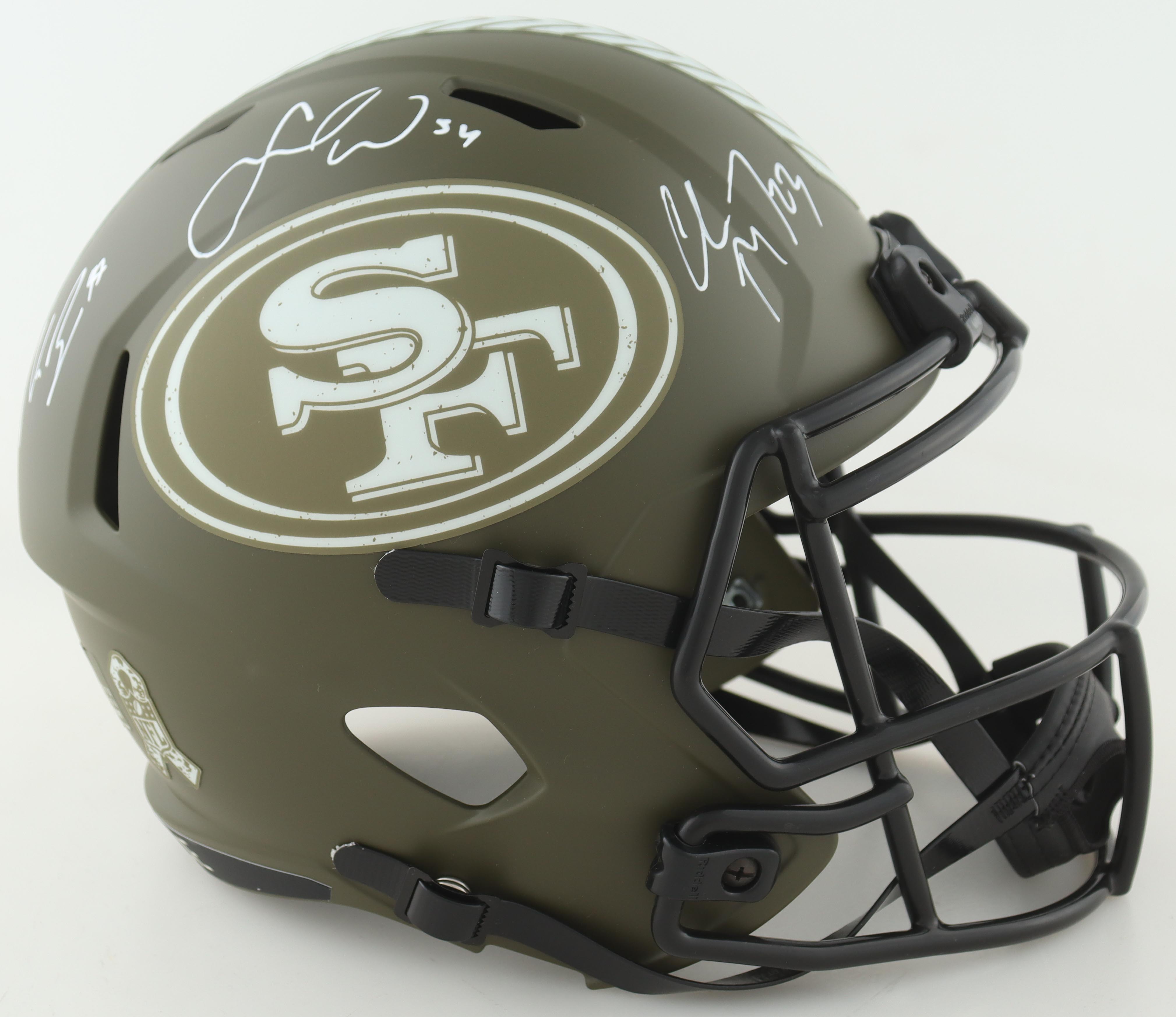 Christian McCaffrey, Nick Bosa and Fred Warner Signed 49ers Full-Size Salute To Service Alternate Speed Helmet (Beckett) at PristineAuction.com Christian McCaffrey, Nick Bosa and Fred Warner Signed 49ers Full-Size Salute To Service Alternate Speed Helmet (Beckett) at PristineAuction.com