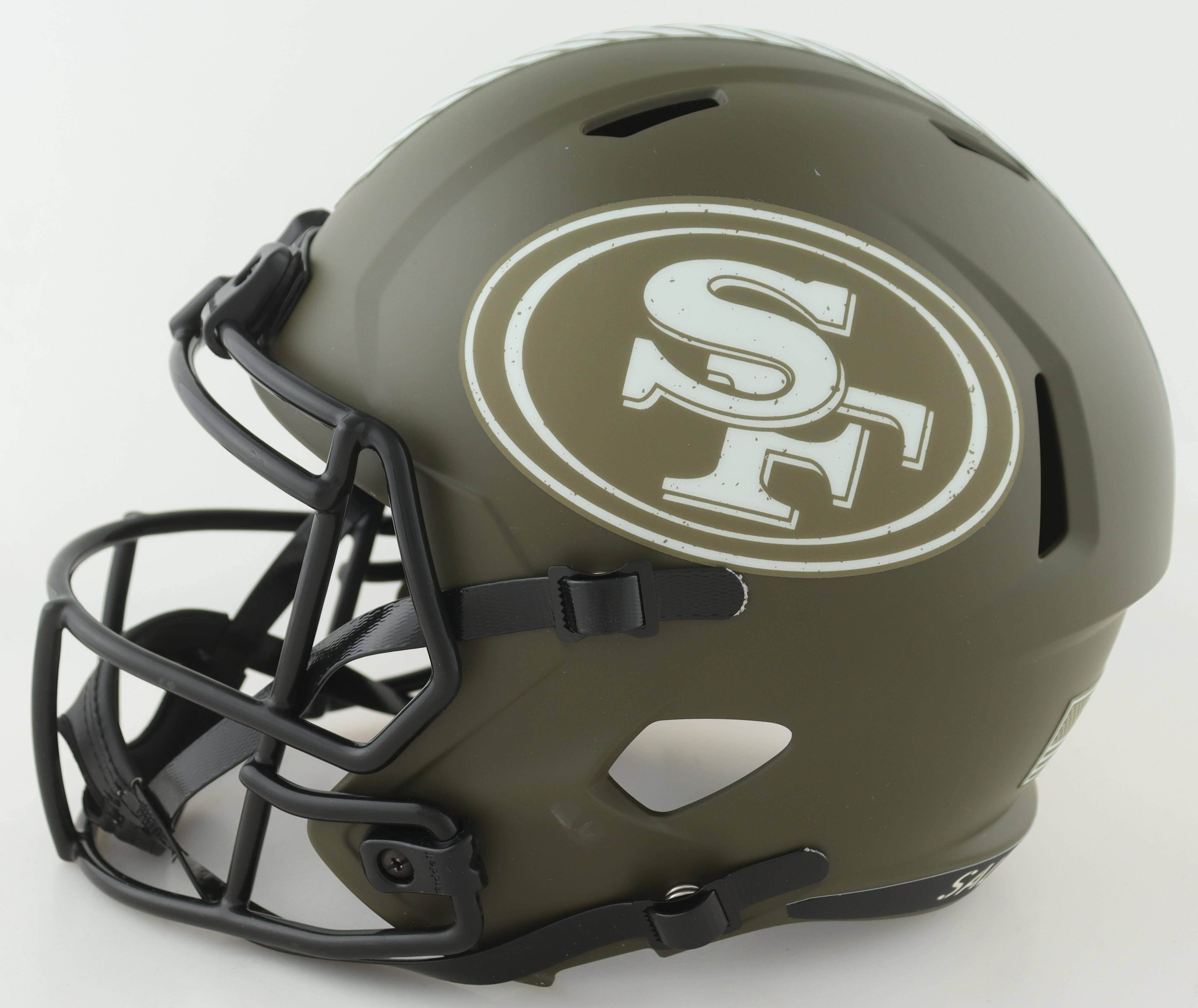 Christian McCaffrey, Nick Bosa and Fred Warner Signed 49ers Full-Size Salute To Service Alternate Speed Helmet (Beckett) at PristineAuction.com Christian McCaffrey, Nick Bosa and Fred Warner Signed 49ers Full-Size Salute To Service Alternate Speed Helmet (Beckett) at PristineAuction.com
