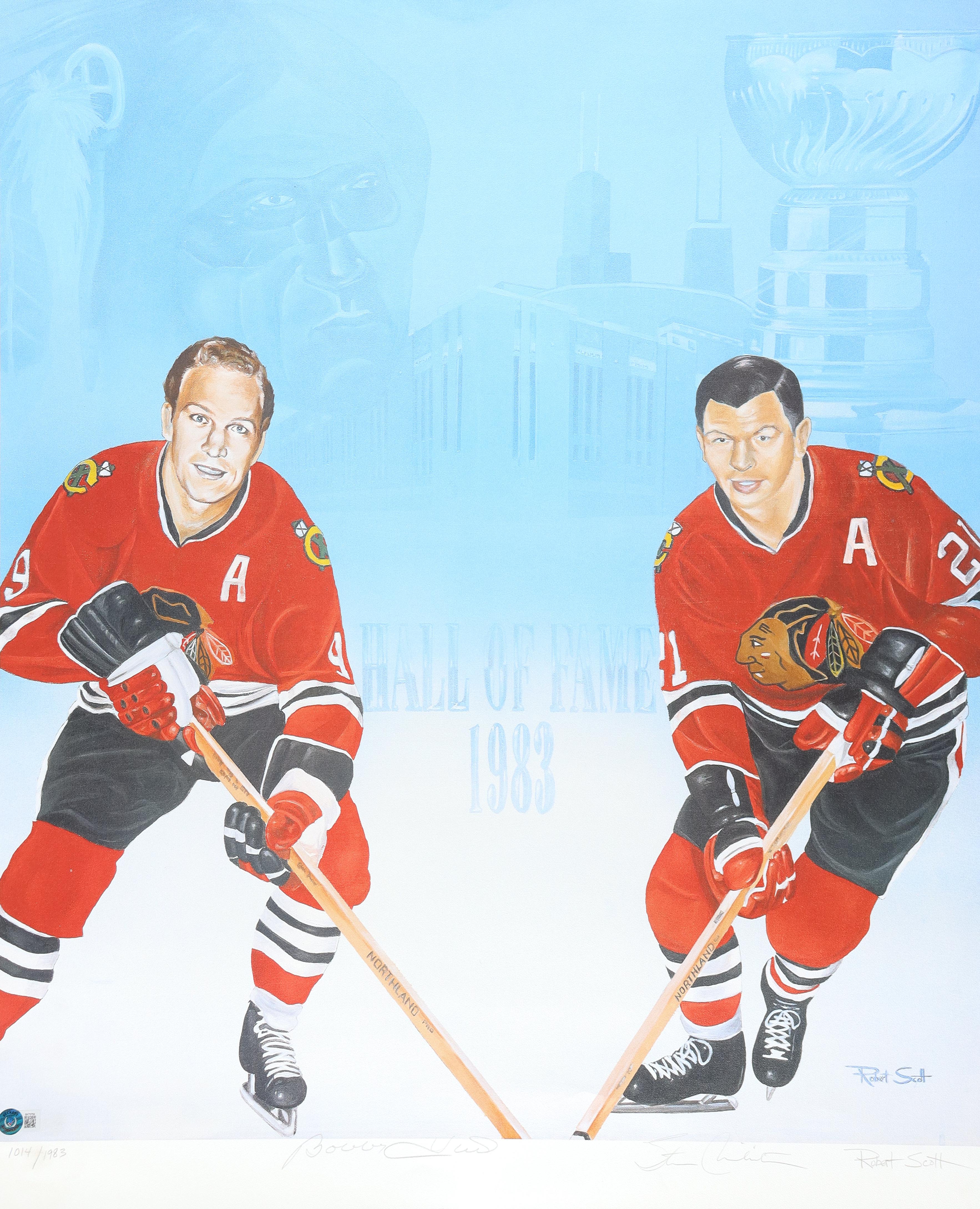 Bobby Hull & Stan Mikita Signed 24x30 Blackhawks LE Lithograph (Beckett) at PristineAuction.com Bobby Hull & Stan Mikita Signed 24x30 Blackhawks LE Lithograph (Beckett) at PristineAuction.com