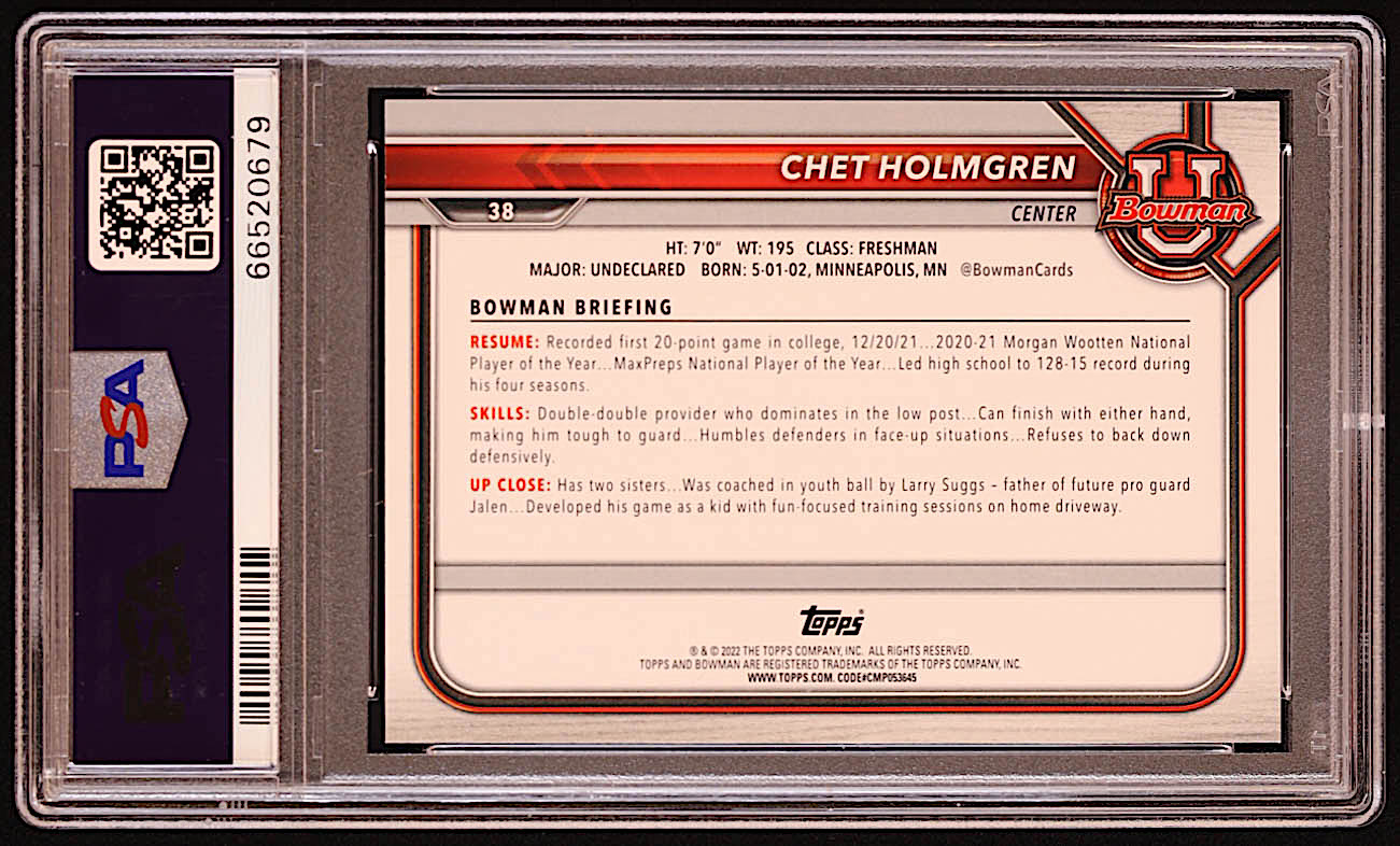 Chet Holmgren 2021-22 Bowman University #38 RC (PSA 10) at PristineAuction.com Chet Holmgren 2021-22 Bowman University #38 RC (PSA 10) at PristineAuction.com