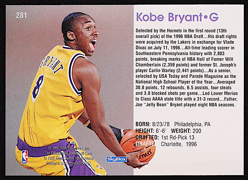 Kobe Bryant 1996-97 Hoops #281 RC at PristineAuction.com Kobe Bryant 1996-97 Hoops #281 RC at PristineAuction.com