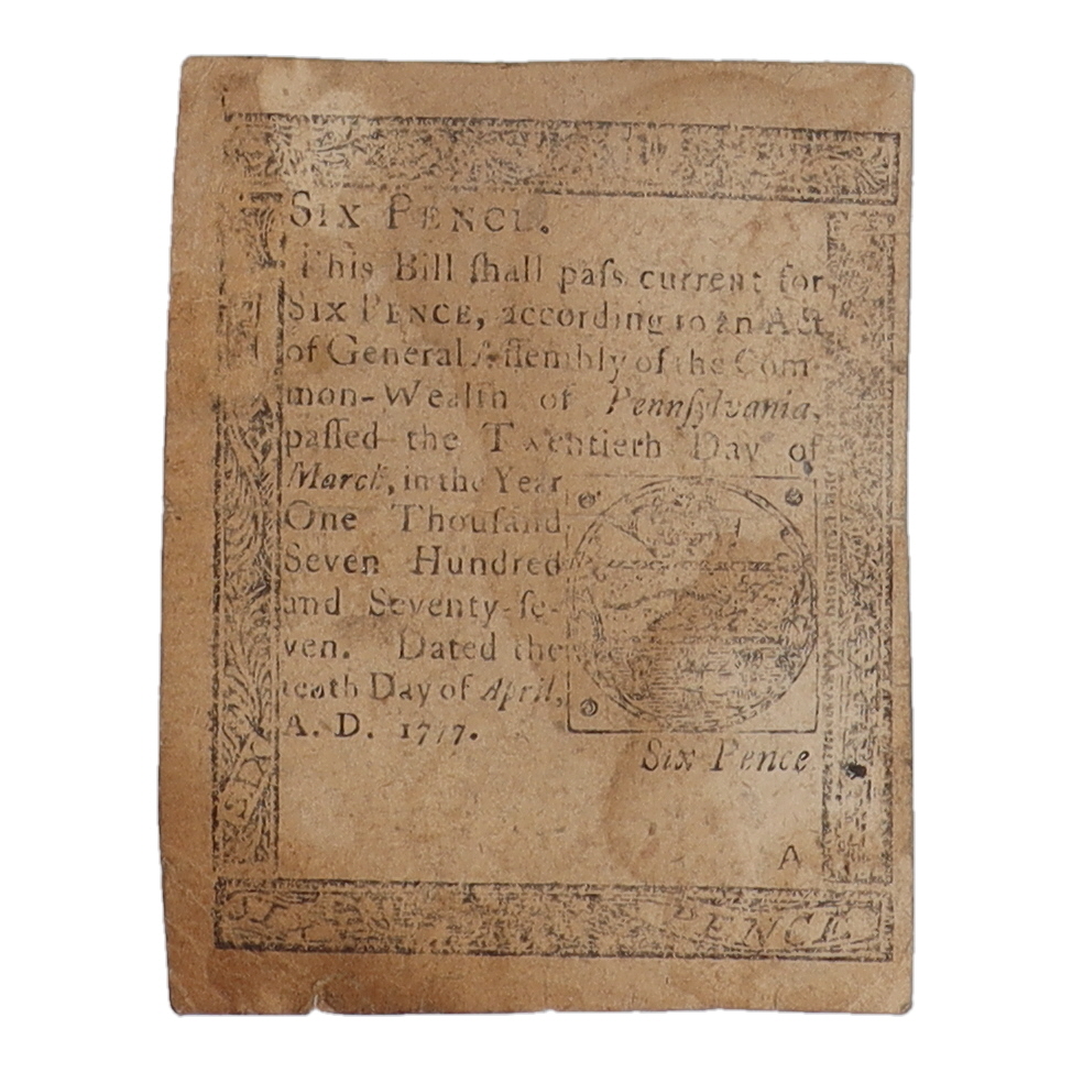 1777 Philadelphia Colonial Currency Six Pence Bank Note at PristineAuction.com 1777 Philadelphia Colonial Currency Six Pence Bank Note at PristineAuction.com