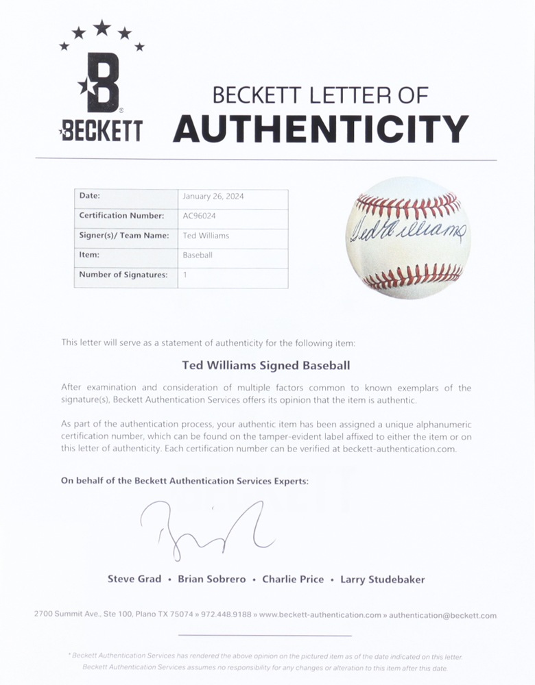 Ted Williams Signed OAL Baseball (Beckett) at PristineAuction.com Ted Williams Signed OAL Baseball (Beckett) at PristineAuction.com