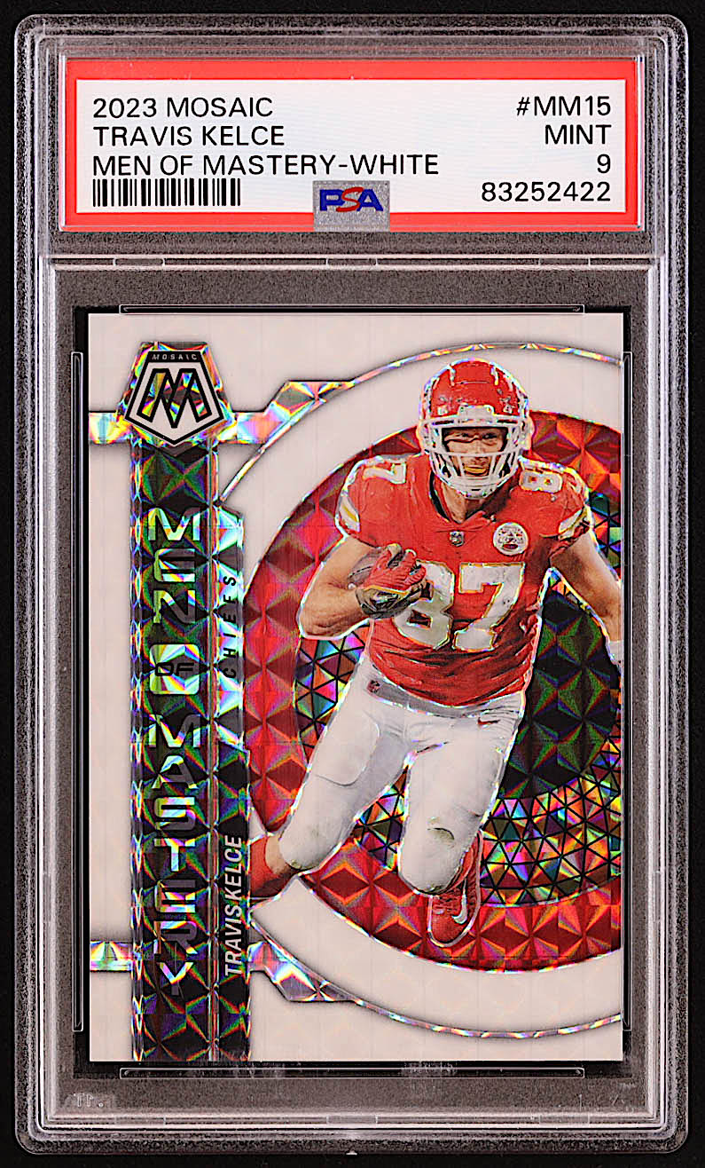 Travis Kelce 2023 Panini Mosaic Men of Mastery Mosaic White #15 #1/25 (PSA 9) at PristineAuction.com Travis Kelce 2023 Panini Mosaic Men of Mastery Mosaic White #15 #1/25 (PSA 9) at PristineAuction.com