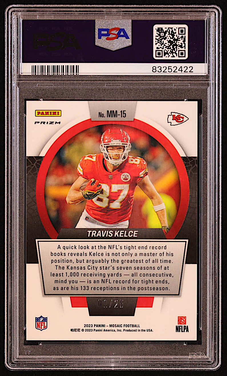 Travis Kelce 2023 Panini Mosaic Men of Mastery Mosaic White #15 #1/25 (PSA 9) at PristineAuction.com Travis Kelce 2023 Panini Mosaic Men of Mastery Mosaic White #15 #1/25 (PSA 9) at PristineAuction.com