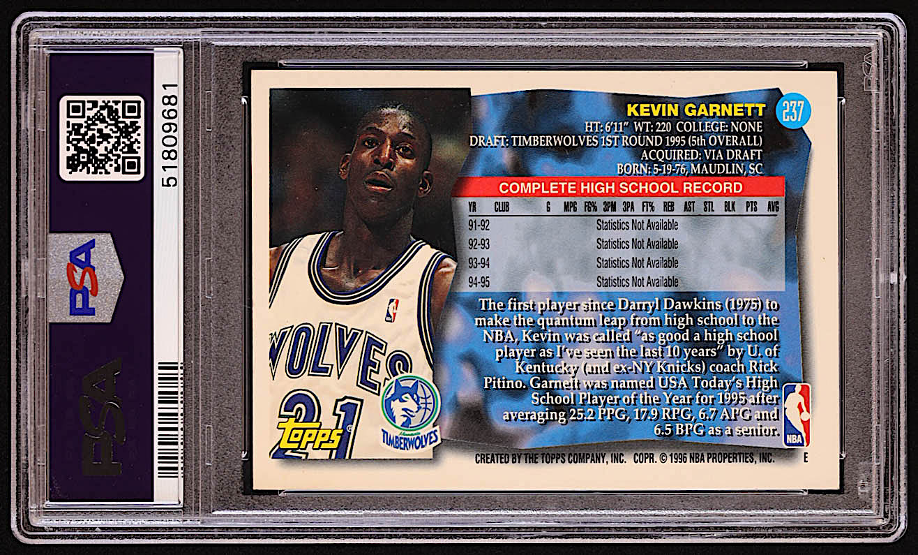 Kevin Garnett 1995-96 Topps #237 RC (PSA 9) at PristineAuction.com Kevin Garnett 1995-96 Topps #237 RC (PSA 9) at PristineAuction.com