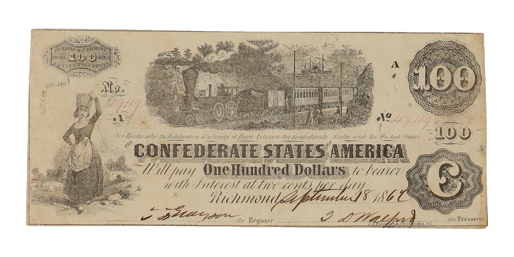 1864 Confederate States of America $100 One Hundred Dollar Bank Note at PristineAuction.com 1864 Confederate States of America $100 One Hundred Dollar Bank Note at PristineAuction.com