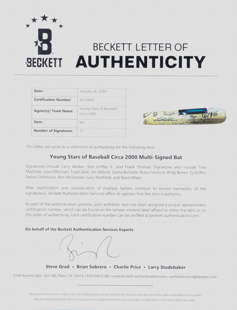 "Young Stars Of Baseball- Circa 2000" LE Louisville Slugger Baseball Bat Signed By (17) With Ken Griffey Jr., Frank Thomas, Tino Martinez, Jim Abbott (Beckett) at PristineAuction.com "Young Stars Of Baseball- Circa 2000" LE Louisville Slugger Baseball Bat Signed By (17) With Ken Griffey Jr., Frank Thomas, Tino Martinez, Jim Abbott (Beckett) at PristineAuction.com